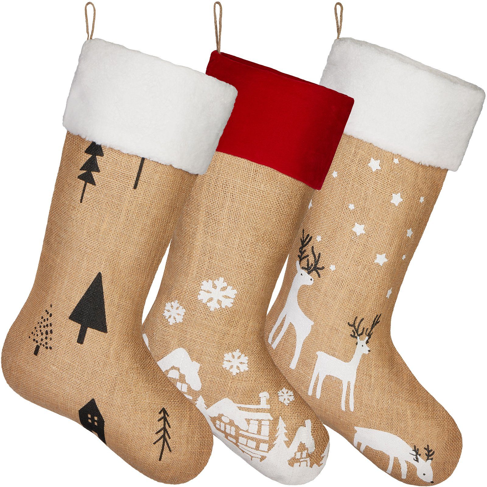 Nikolausstiefel 3er Set Weihnachtsstrümpfe zum Befüllen und Aufhängen