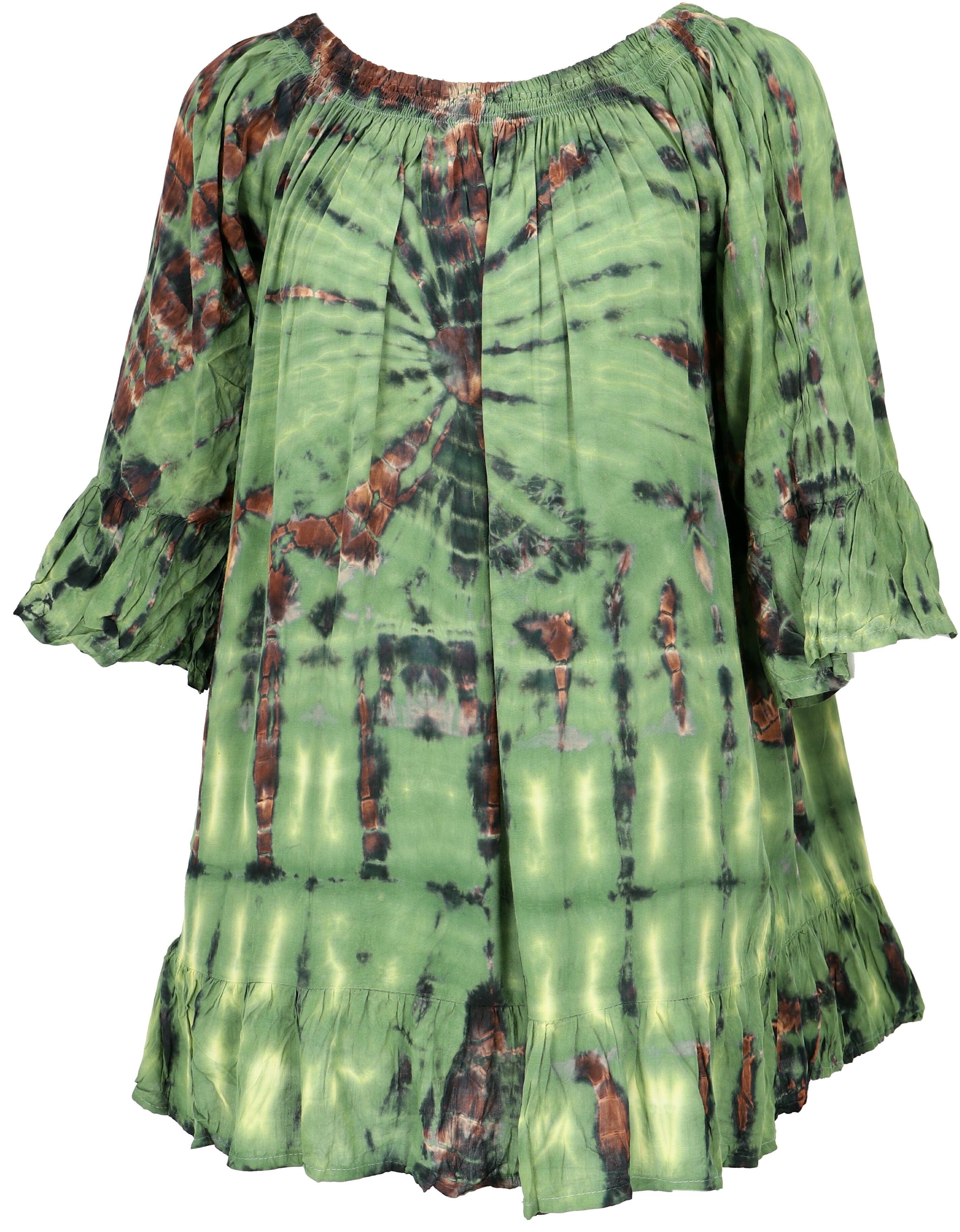 Guru-Shop Longbluse 3/4 Arm Batik Tunika, Minikleid, schulterfreie.. Festival, Ethno Style, Hippie, alternative Bekleidung grün