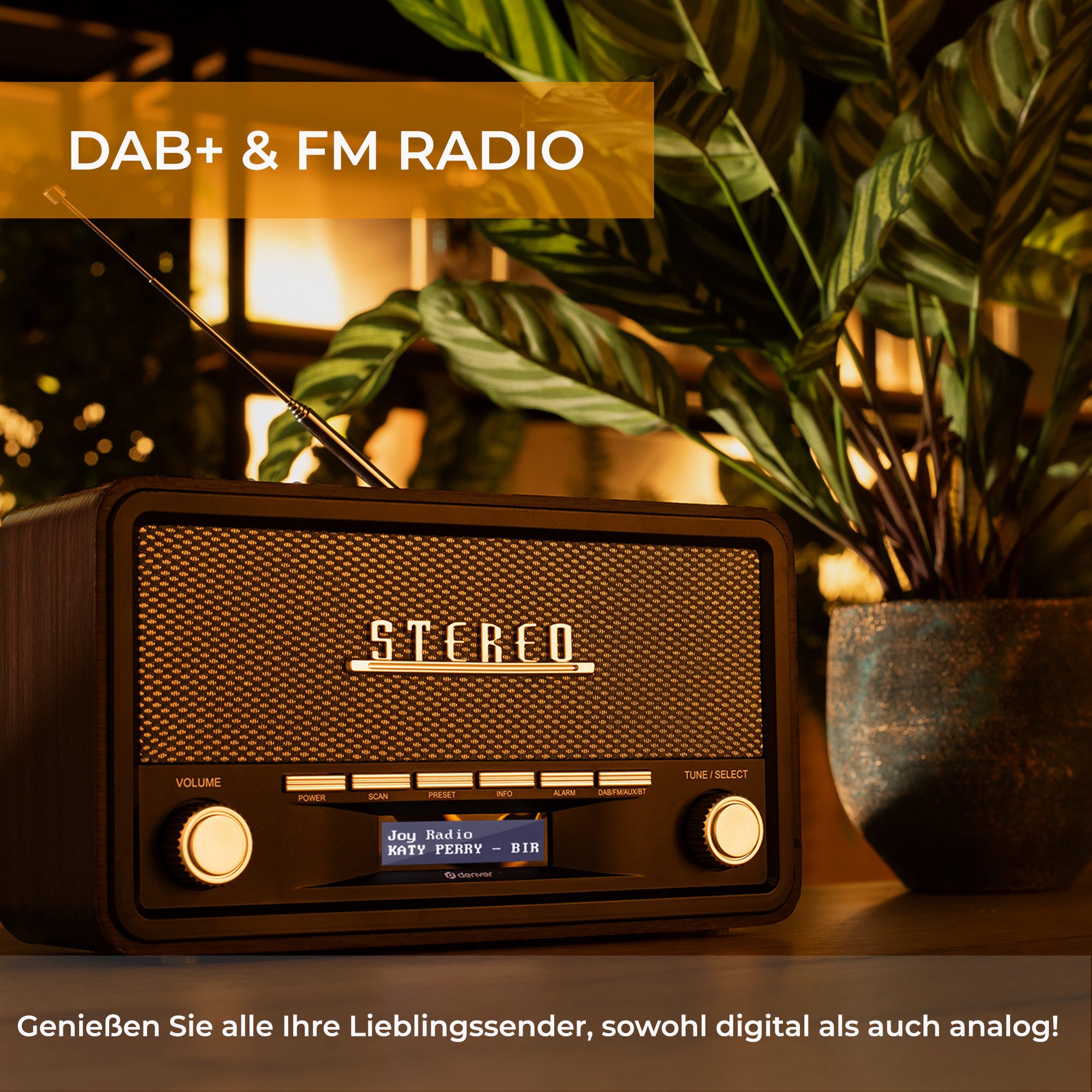 Denver DAB-18DGR Digitalradio (DAB) (DAB+, FM (RDS), 4 W, Retro-Design, Bluetooth, DAB+/FM, LCD-Display, AUX-In, Teleskopantenne)