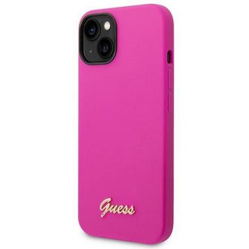 Guess Handyhülle Guess Apple iPhone 14 Hard Case Silicone Vintage Gold Logo Pink