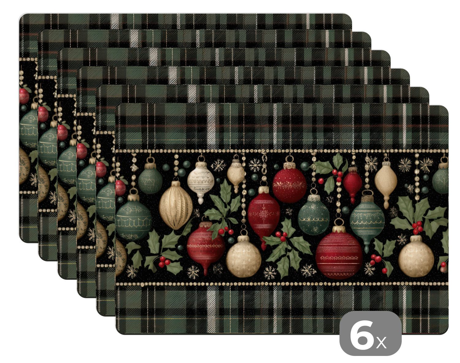 MuchoWow Platzset Weihnachtskugeln - Rot - Stechpalmenzweige - Muster, (6-St), Platzsets, Tischset, Abwaschbar, Tischsets, Platzdeckchen