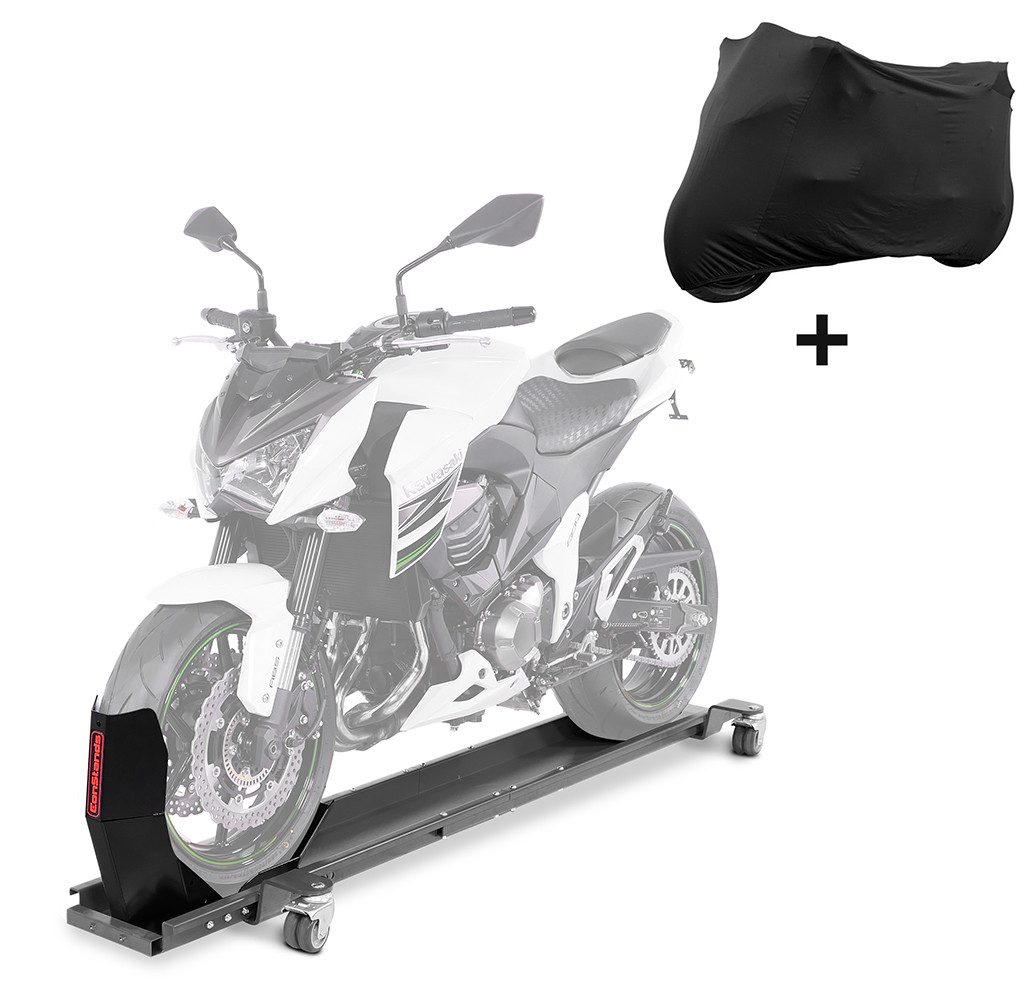 ConStands Rangierwagenheber Set SC2 Motorrad Rangierhilfe mit Wippe grau + Abdeckplane XL-XXL schw