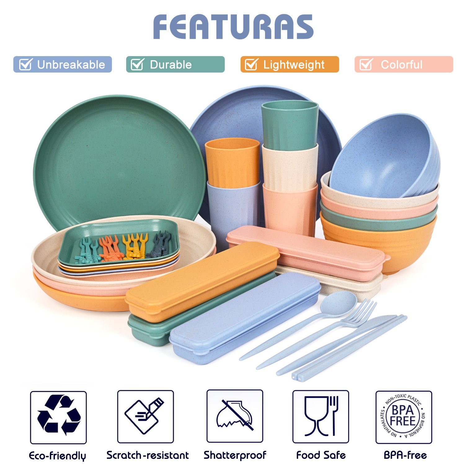 OSTWOLKE Geschirr-Set Camping Geschirr Besteckset Geschirrset Outdoor Besteck 5 Personen (1-tlg), 5 Personen, PP + Weizenelement, Geschirr-Set, Tafelservice, Spülmaschinenfest