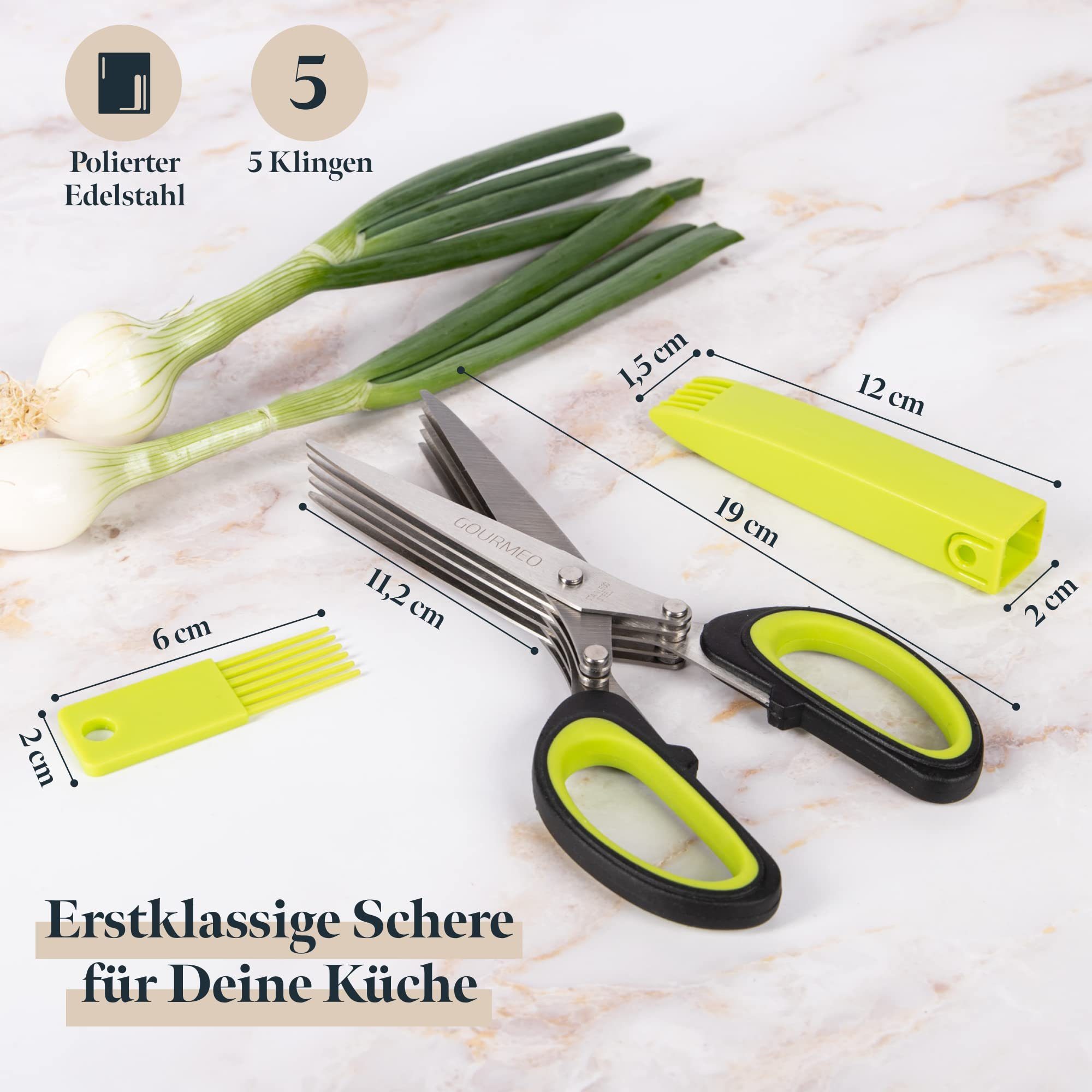 GOURMEO Kombischere Kräuterschere 5 Klingen, Edelstahl 5 Stainless with Herb Steel Scissors mit Blades