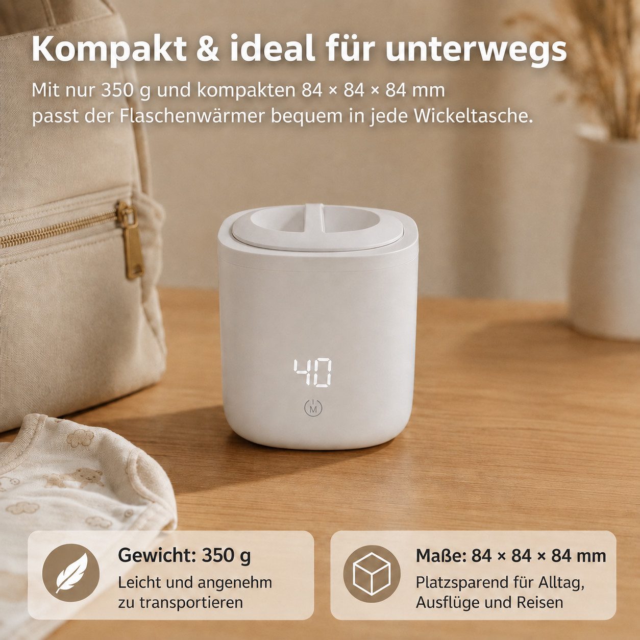 Tekoo Babyflaschenwärmer Tragbarer Flaschenwärmer Baby Akku 5000mAh, Kabellos, 4 Temp-Stufen, Kabellos, 4 Temperaturstufen, IPX6 Wasserdicht, 60W Schnellheizung