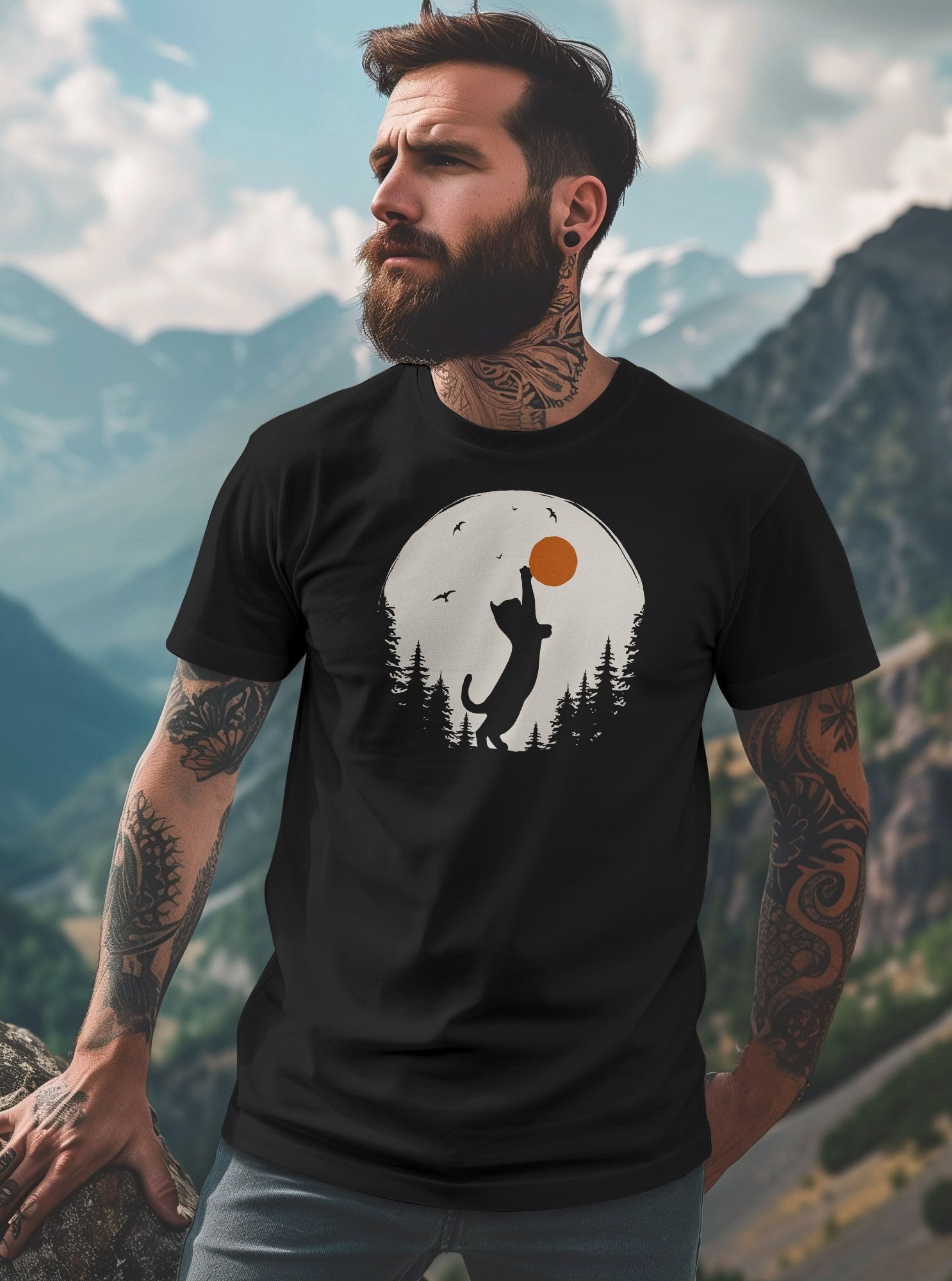 Neverless Print-Shirt Herren T-Shirt Frontprint Katze Silhouette Natur Aufdruck Printshirt mit Print