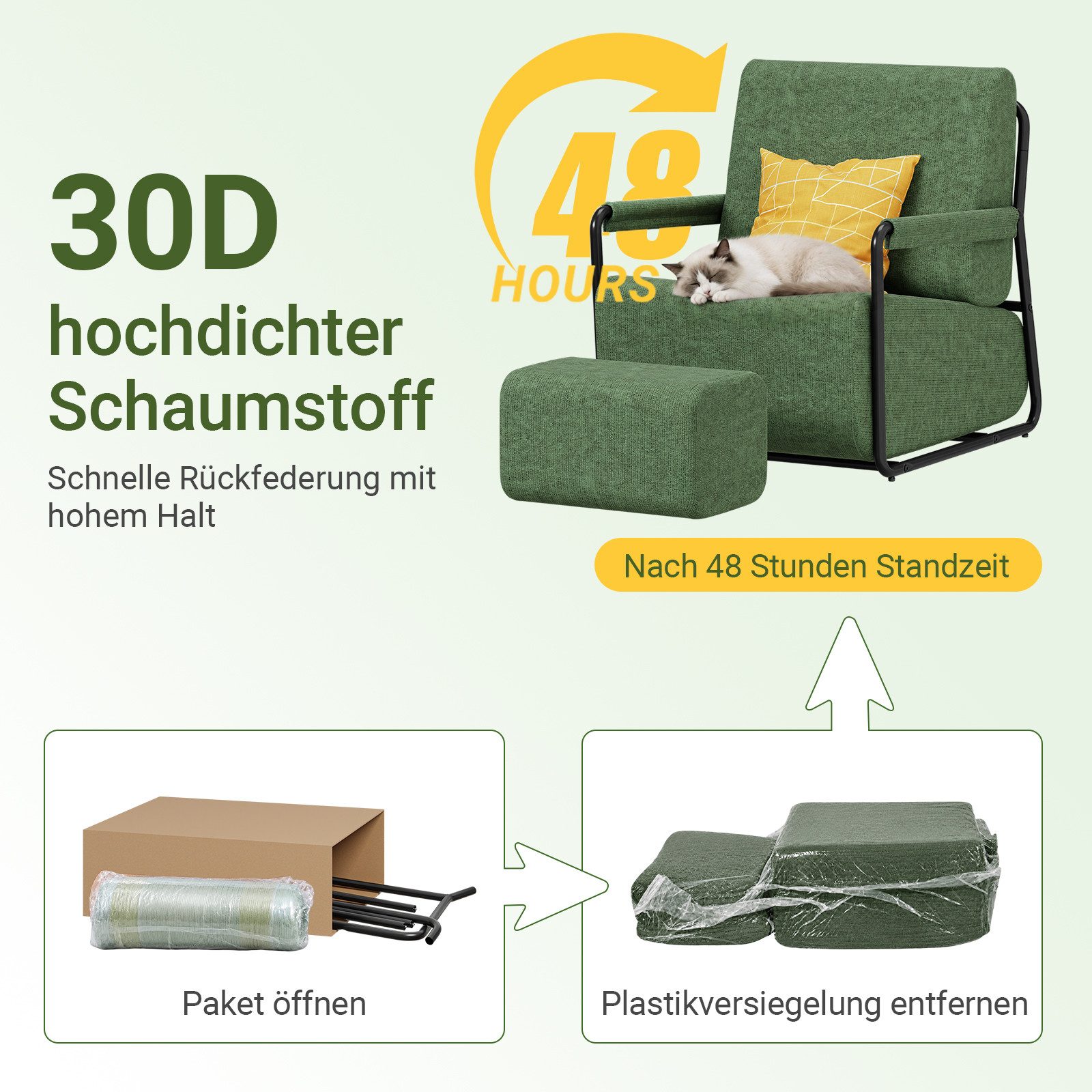 SoBuy Sessel FST99, Relaxsessel mit Schlaffunktion, Hocker integriert (1er Set), Grün, strukturiertes Stoffgewebe, verstellbare Rückenlehne
