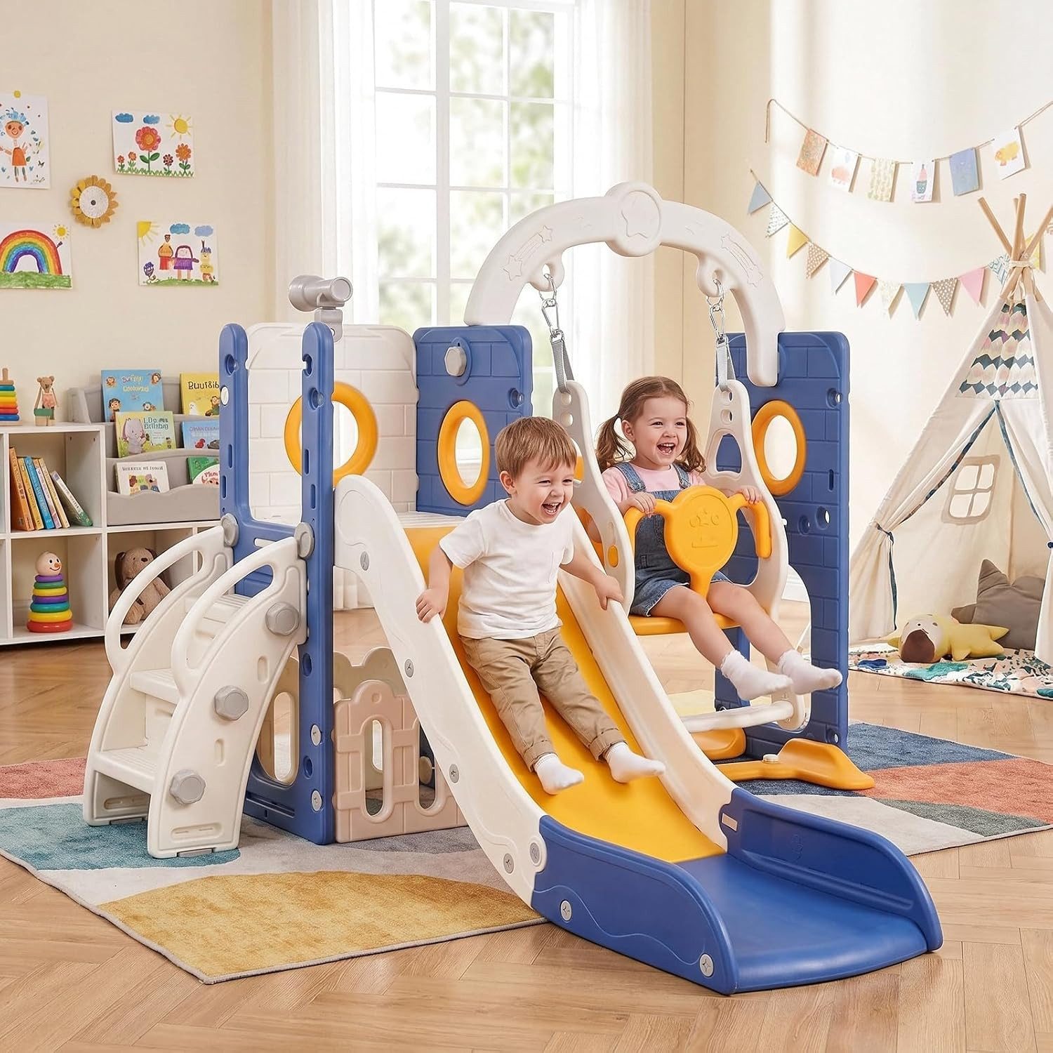 TLGREEN Rutsche 5-in-1 Kinderrutsche, Gartenrutsche Breite Stufen und Griffe, (Indoor und Outdoor Freistehende Rutsche), Kinderrutsche mit Schaukel, Klettergerüst, Spielplatz für Kleinkinder