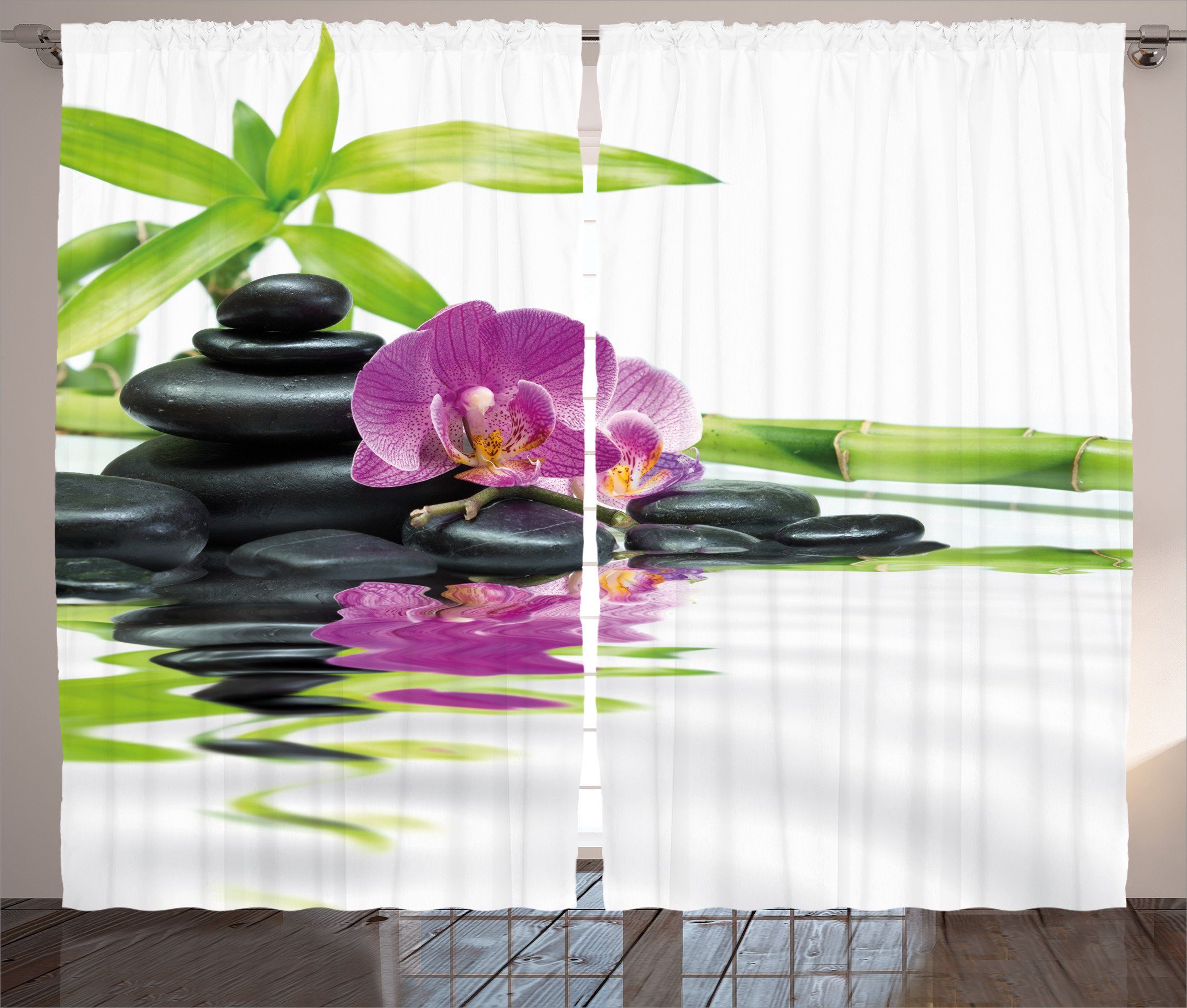 Haken, Zen Kräuselband Abakuhaus, Schlafzimmer Orchid Vorhang Bambusse Schlaufen Motiv Purple Gardine und mit