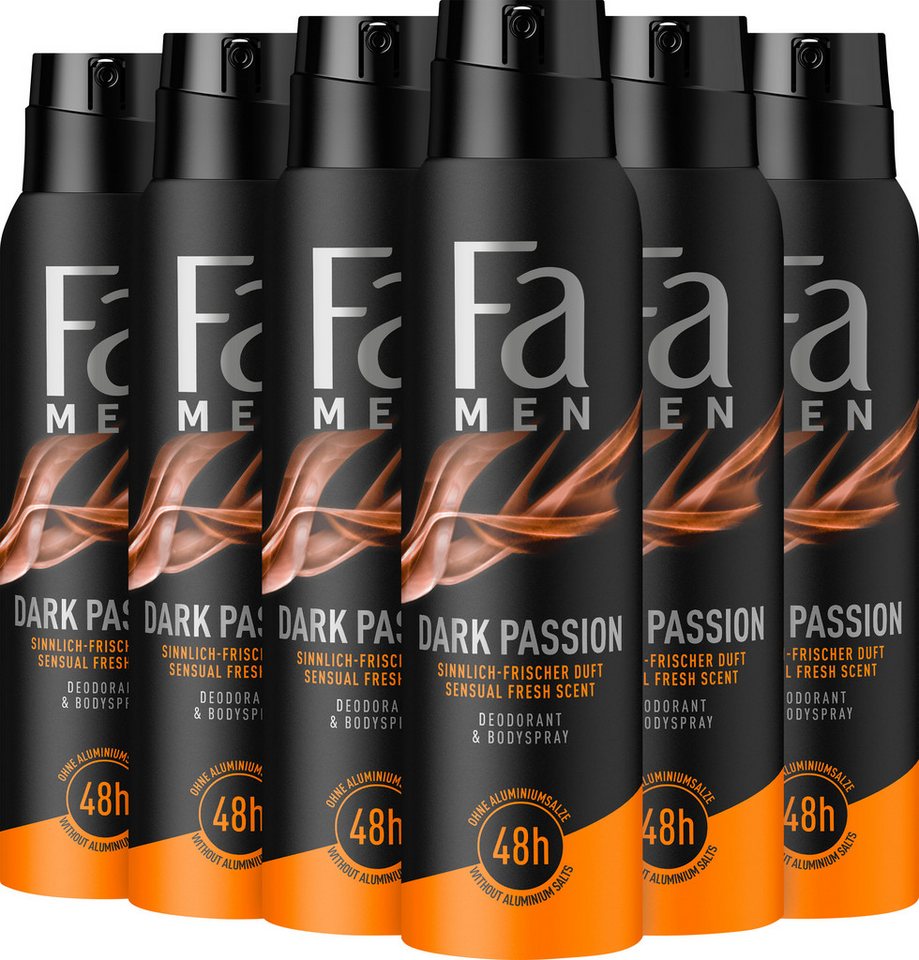 FA Deo-Spray Men Dark Passion 6x 150 ml, Vorratspack, Deo mit langanhaltendem 48h Schutz & ohne Aluminiumsalze