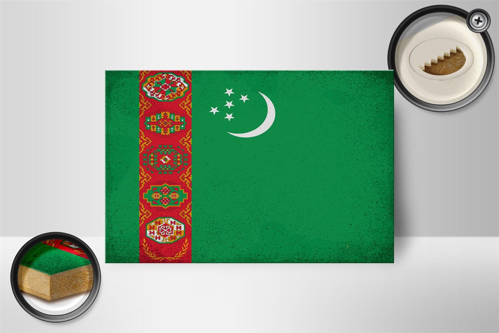 Femer GmbH Holzbild Flagge Turkmenistan 18x12cm Flag Vintage, Flaggen (1 St), Glatte Holzfaserplatte (MDF), vorn beschichtet
