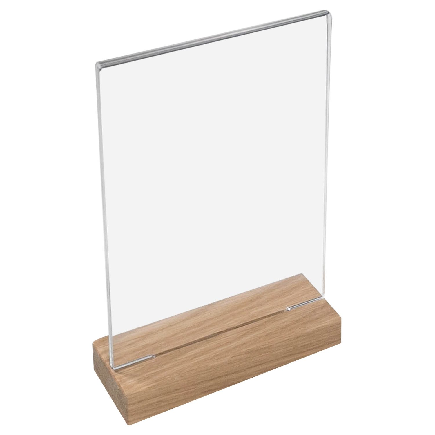 HMF Einzelrahmen 4694 Acryl Tischaufsteller, für 1 Bilder (1 St), T-Ständer mit Holzfuß aus Eichenholz, DIN A4 Hochformat, Glasklar