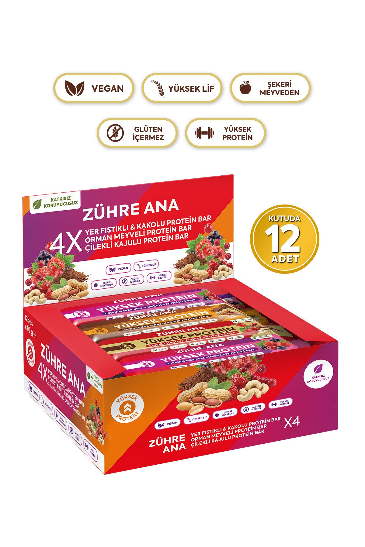 Zühre Ana® Riegel Proteinriegel Mix Box 12x – Vegan, Glutenfrei, Ohne Zuckerzusatz, 420 g, Proteinreicher, leckerer Snack, 35gr x 12 Stück