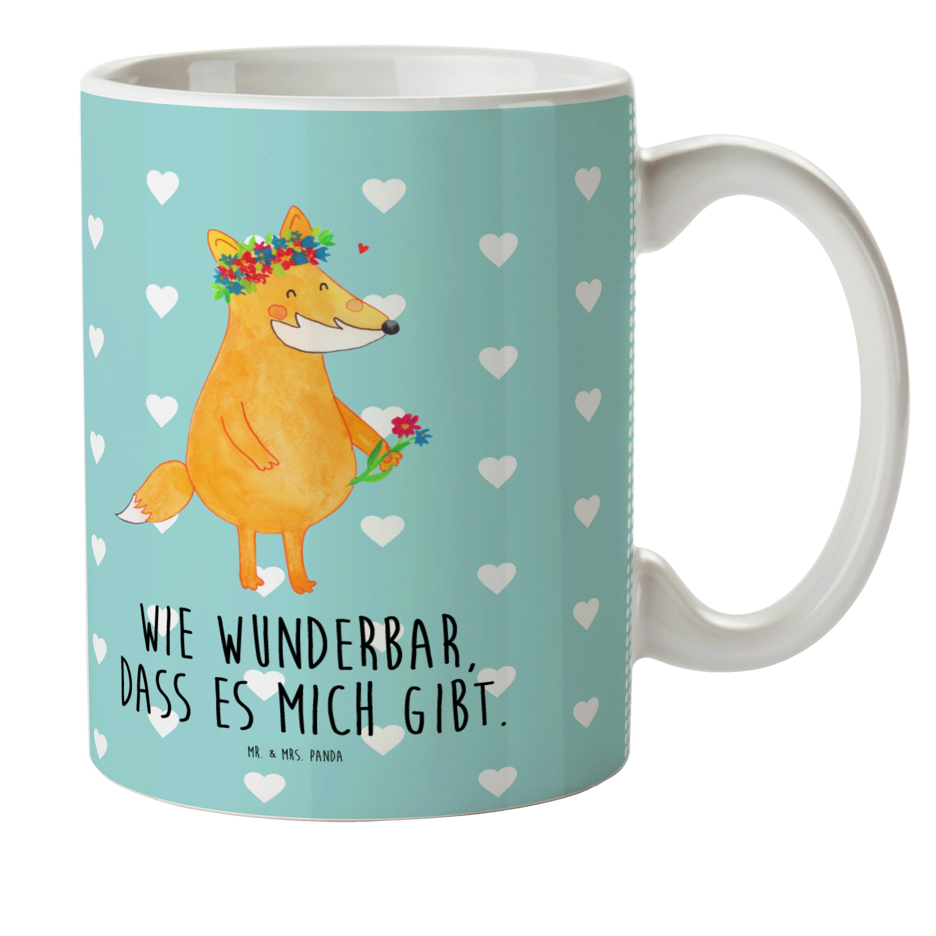 Mr. & Mrs. Panda Kinderbecher Fuchs Blumenliebe - Türkis Pastell - Geschenk, Kunststoff Tasse, Fox, Kunststoff | Kindergeschirr