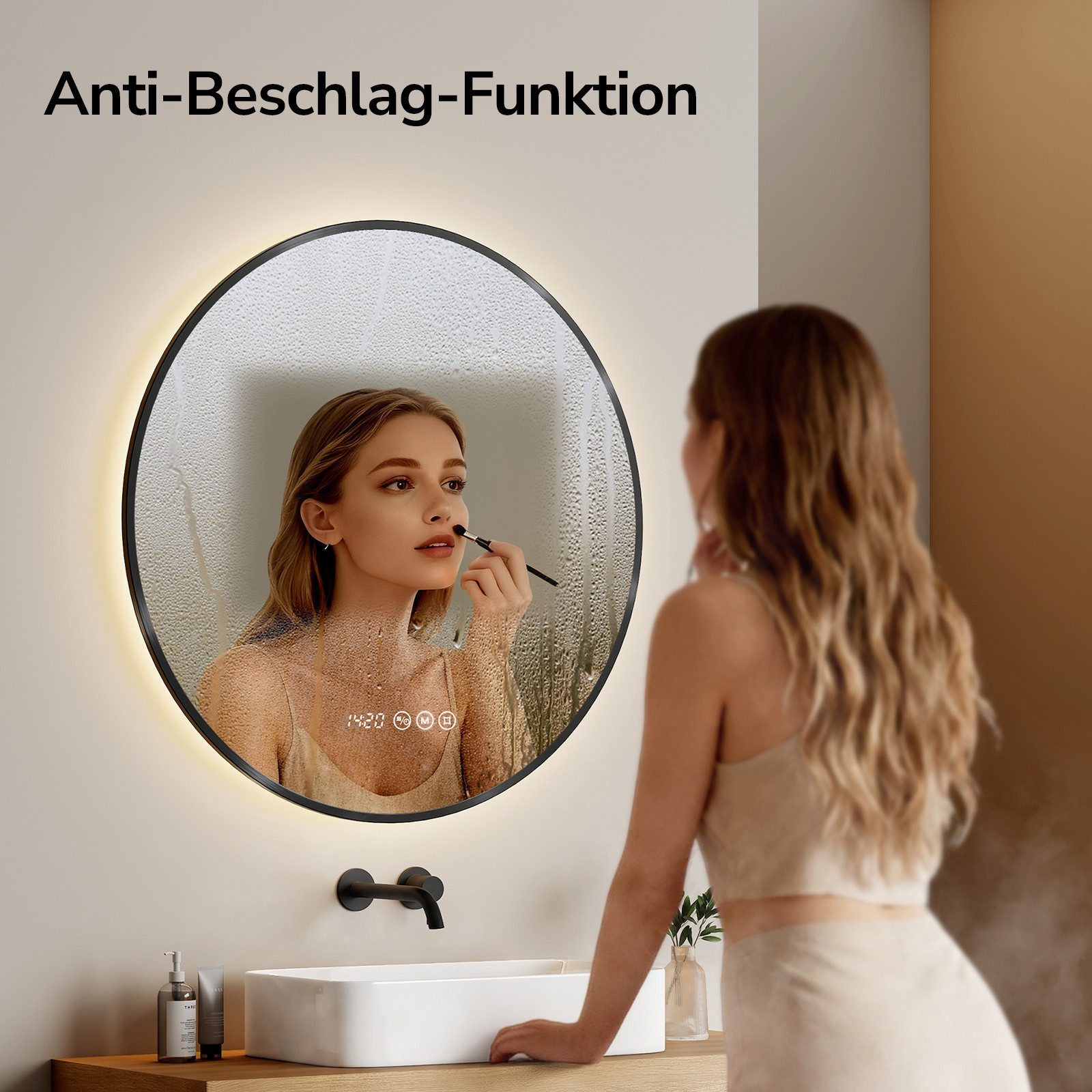 EMKE Badspiegel mit Beleuchtung und Antibeschlag, Uhr & Temperaturanzeige (Touchschalter), Rahmen in Schwarz, Gold gebürstet oder Dunkelgrün – Bild 4 von 5