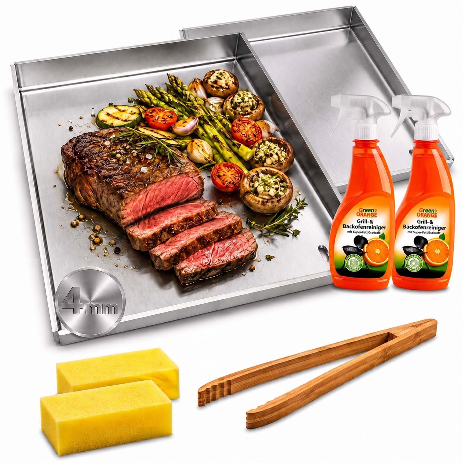 BURI Grillplatte 2x Plancha Grillplatte 30x40cm Edelstahl Set Grillzange Grillreiniger