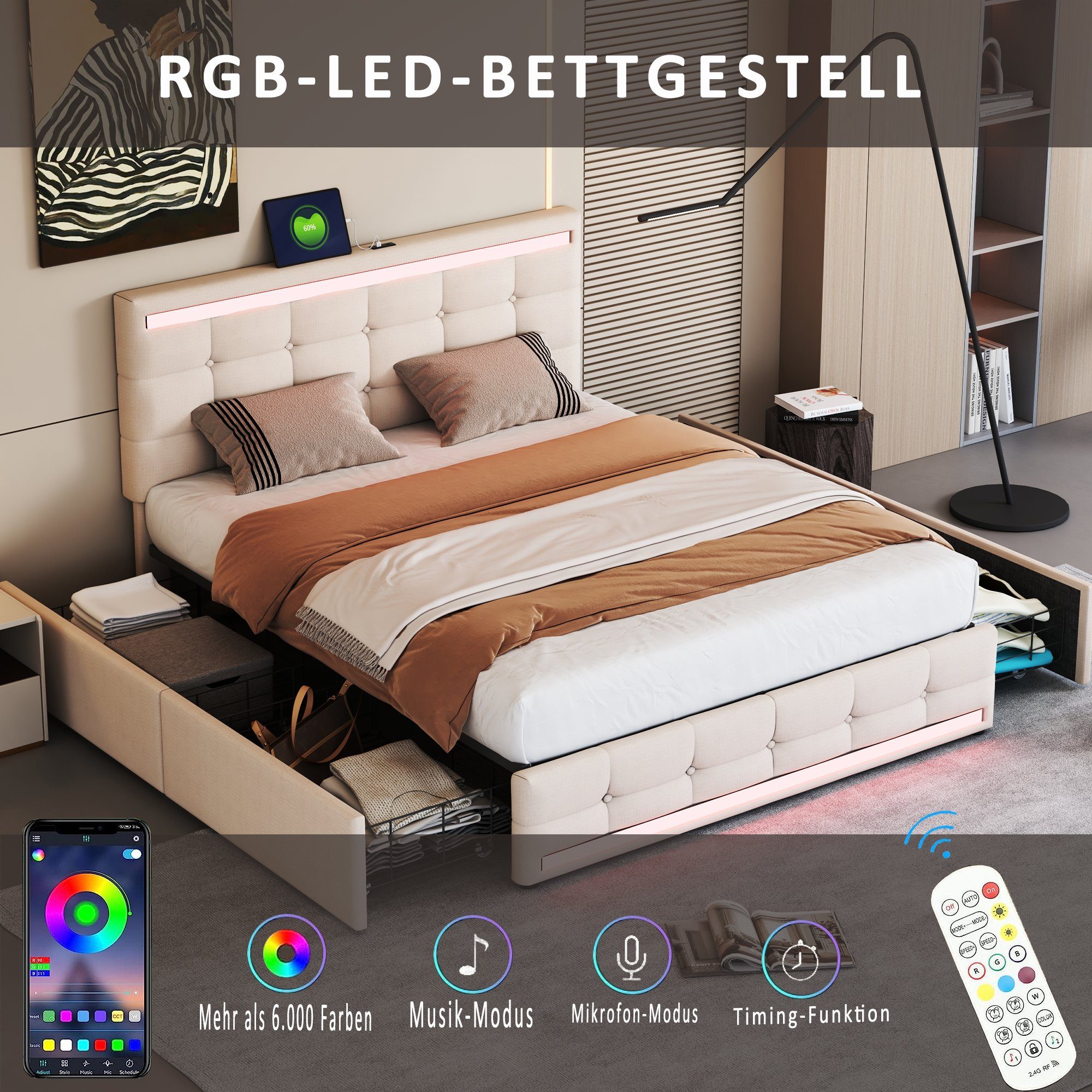 4 und Schubladen Leinenbezug, USB, Polsterbett Metallrahmen Funktionsbett cm mit Merax und mit Doppelbett Beige mit LED 140x200