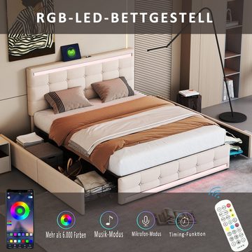 Merax Polsterbett 140x200 cm mit LED und Leinenbezug, Doppelbett mit Metallrahmen und USB, Funktionsbett mit 4 Schubladen