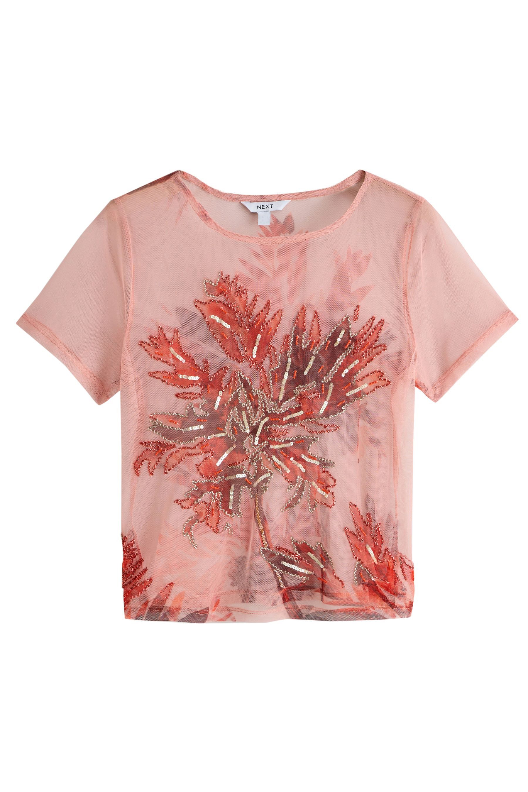 T-Shirt Kurzarmoberteil mit Mesh und Perlen