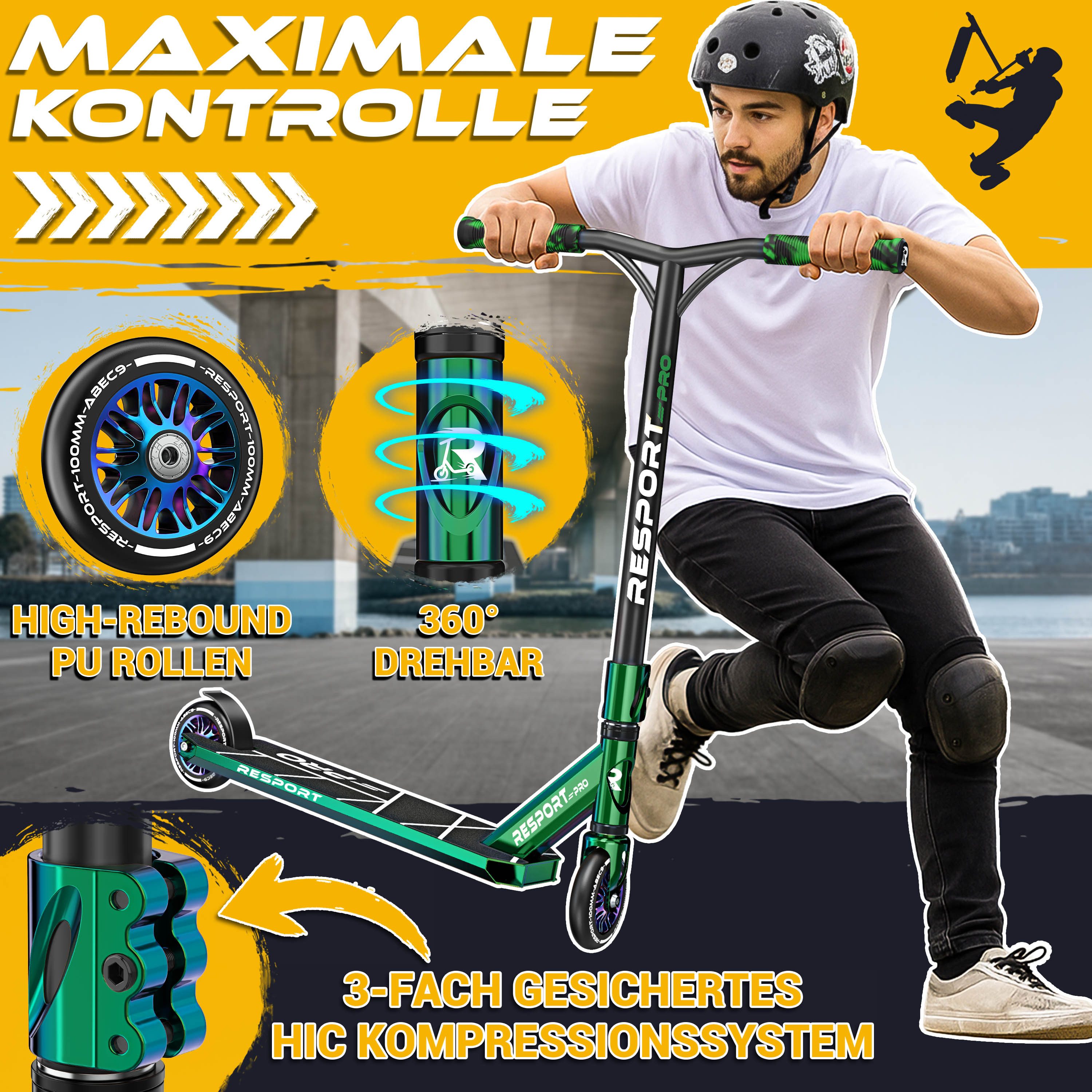 RE:SPORT Cityroller RE:SPORT® Revo Pro Stunt Scooter inkl. Ständer ABEC 9 Kugellagern, (Stuntscooter Kickscooter ABEC 9 Kugellager Trickroller, mit Ständer Profi Stuntroller 110mm PU Wheels & Y-Bar), Stunt Scooter REVO PRO für Kinder & Erwachsene