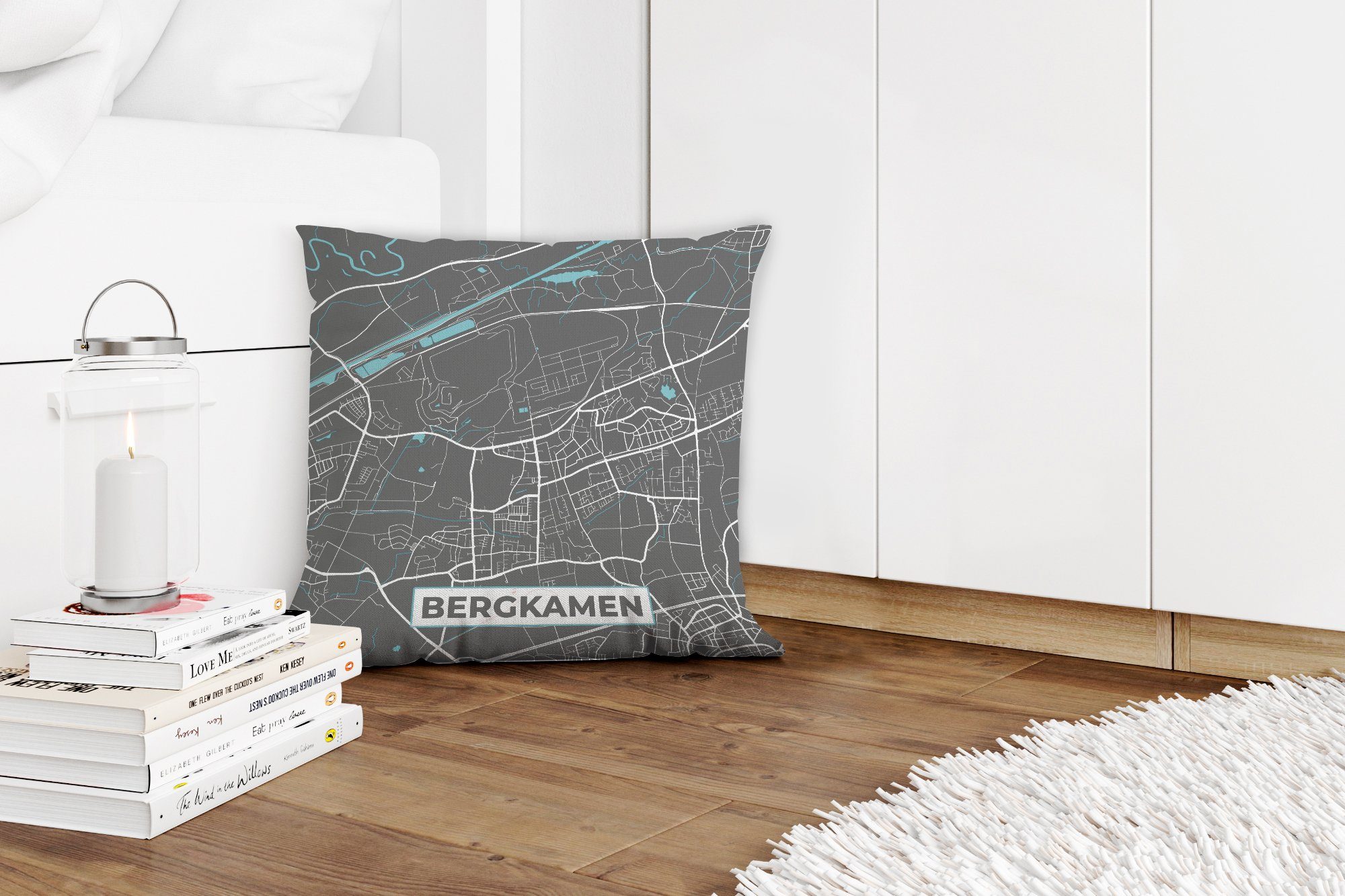 Deko, für Blau, Stadtplan Füllung Karte mit Schlafzimmer, Wohzimmer, - Deutschland Bergkamen - MuchoWow Dekokissen Sofakissen - Zierkissen -