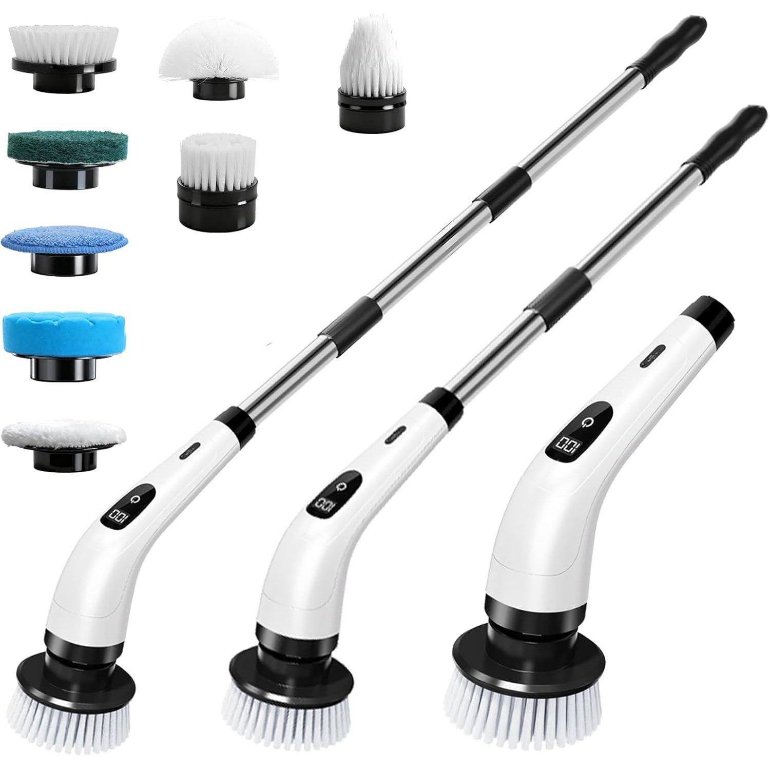 TUWENA Akku-Oberflächenbürste Elektrische Rotationsbürste, Kabellose Reinigungsbürste, 8 Bürstenköpfe, IPX7 wasserdicht, Teleskopgriff, 2 Stufen, USB-C