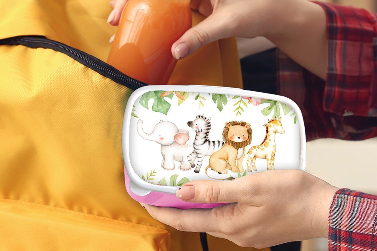 rosa Kunststoff, Snackbox, Tiere Dschungel Mädchen, Kinder, MuchoWow Kunststoff Lunchbox Brotbox Brotdose - Aquarellfarbe, - Erwachsene, (2-tlg), für