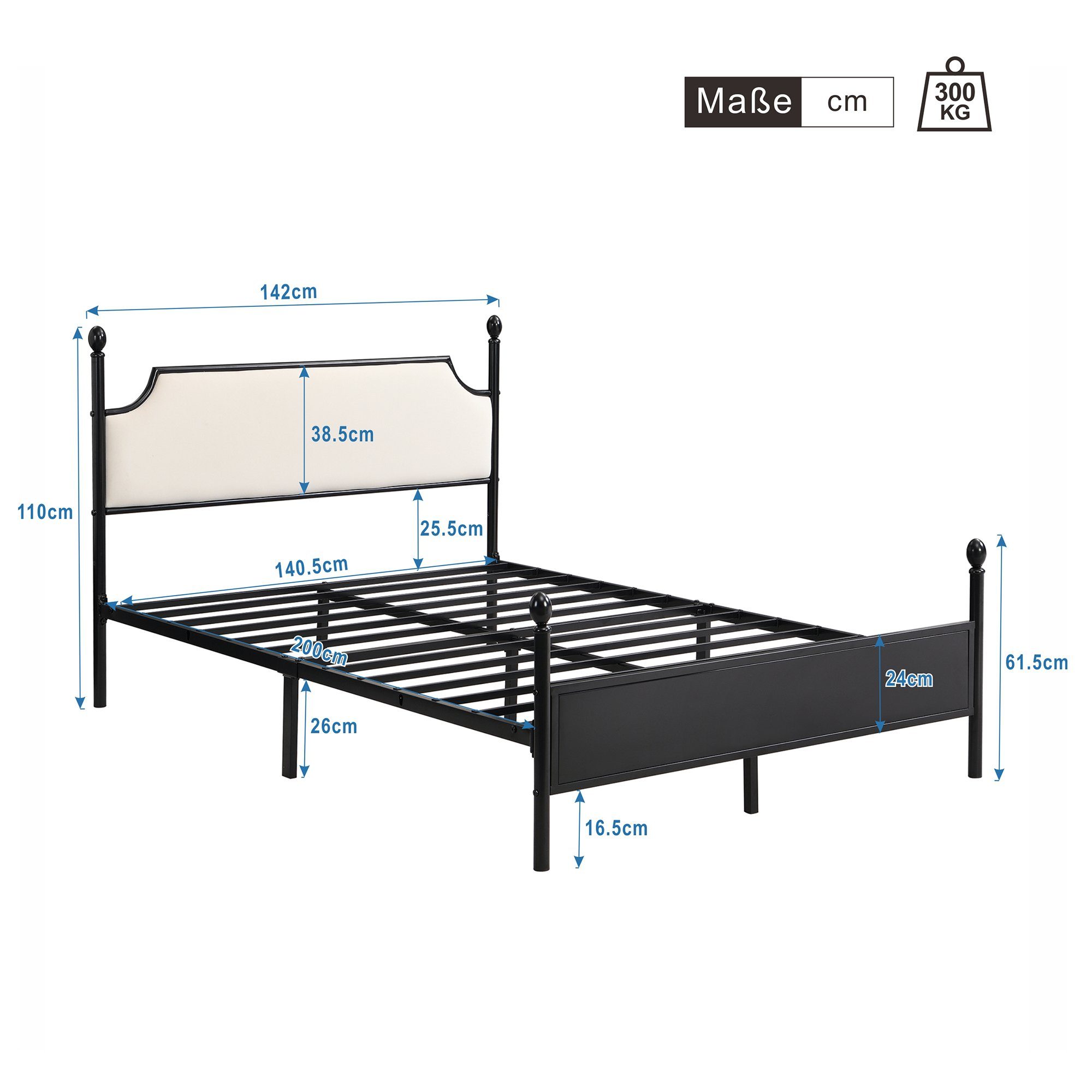 Metallbett (Doppelbett), mit Kopfteil und Lattenrost, 140x200 cm
