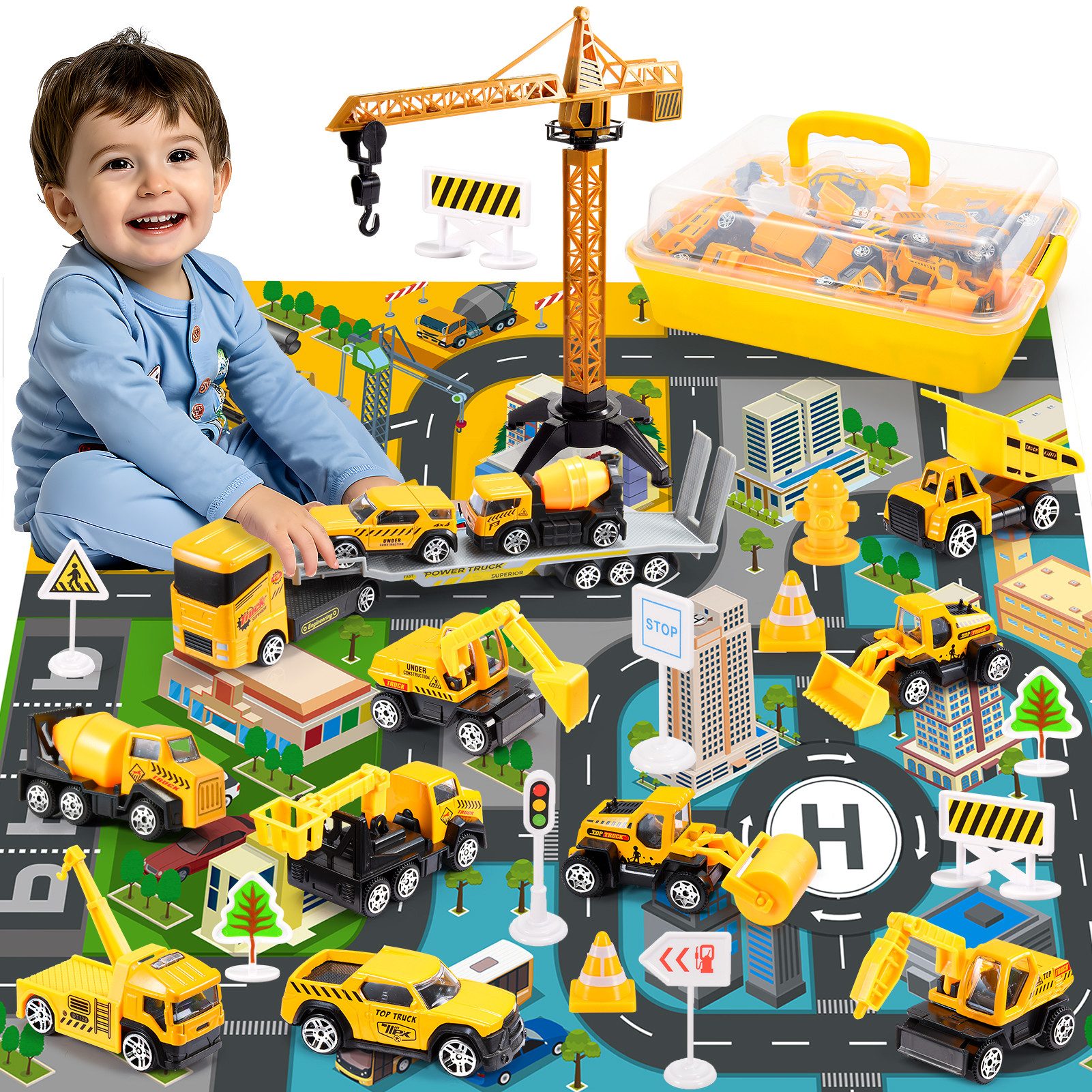 Wootoy Spielzeug-Baumaschine Baustellenfahrzeug-Set Spielzeug-Bagger Spielwelt Lernspielzeug, (mit verschiedenen Baustellenfahrzeugen und Verkehrsschildern, 26-tlg., Kranwagen Betonmischer Bulldozer Muldenkipper Straßenwalze), mit praktischer Aufbewahrung