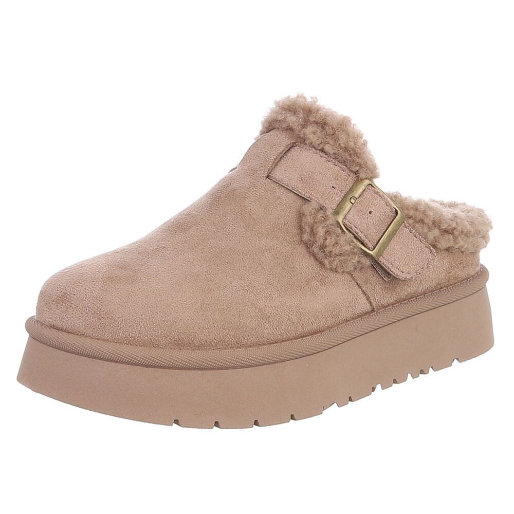 Ital-Design Damen Clog mit Fellfutter und Plateau-Sohle Snowboots (92392353) Flach Plateaustiefeletten in Hellbraun