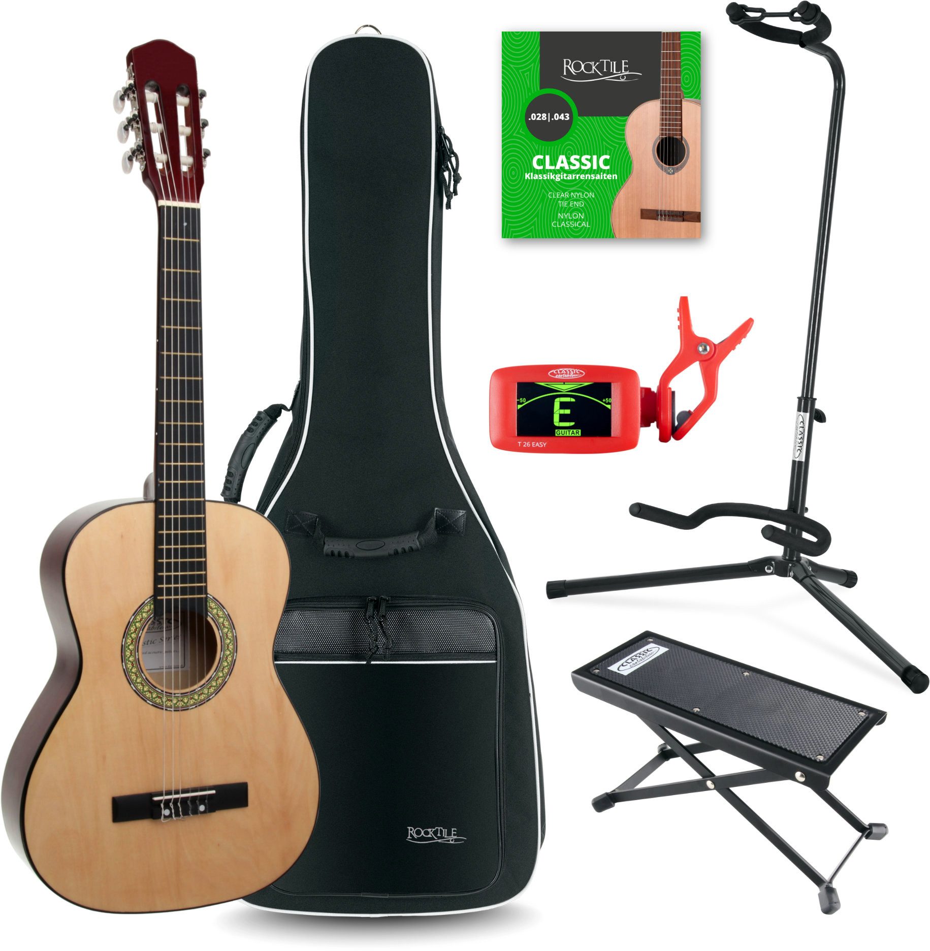 Classic Cantabile Konzertgitarre Klassik Gitarre - Komplettes Anfänger-Kit mit Ständer und Gigbag, 7/8, inkl. Fußbank, Stimmgerät und ein Satz Saiten