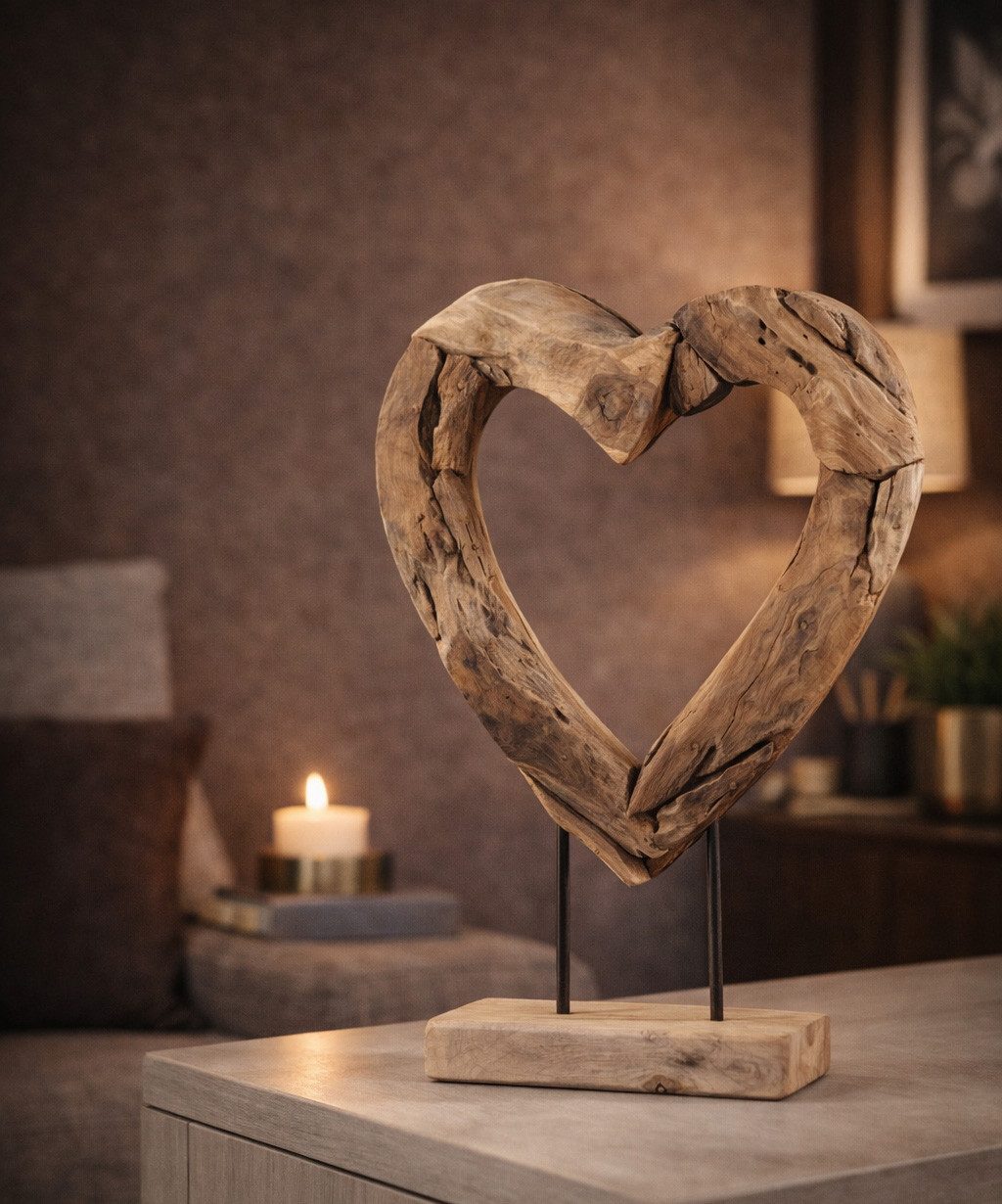 formano Skulptur Herz Holz Skulptur aus massivem Teakholz 64 cm auf Standfuß
