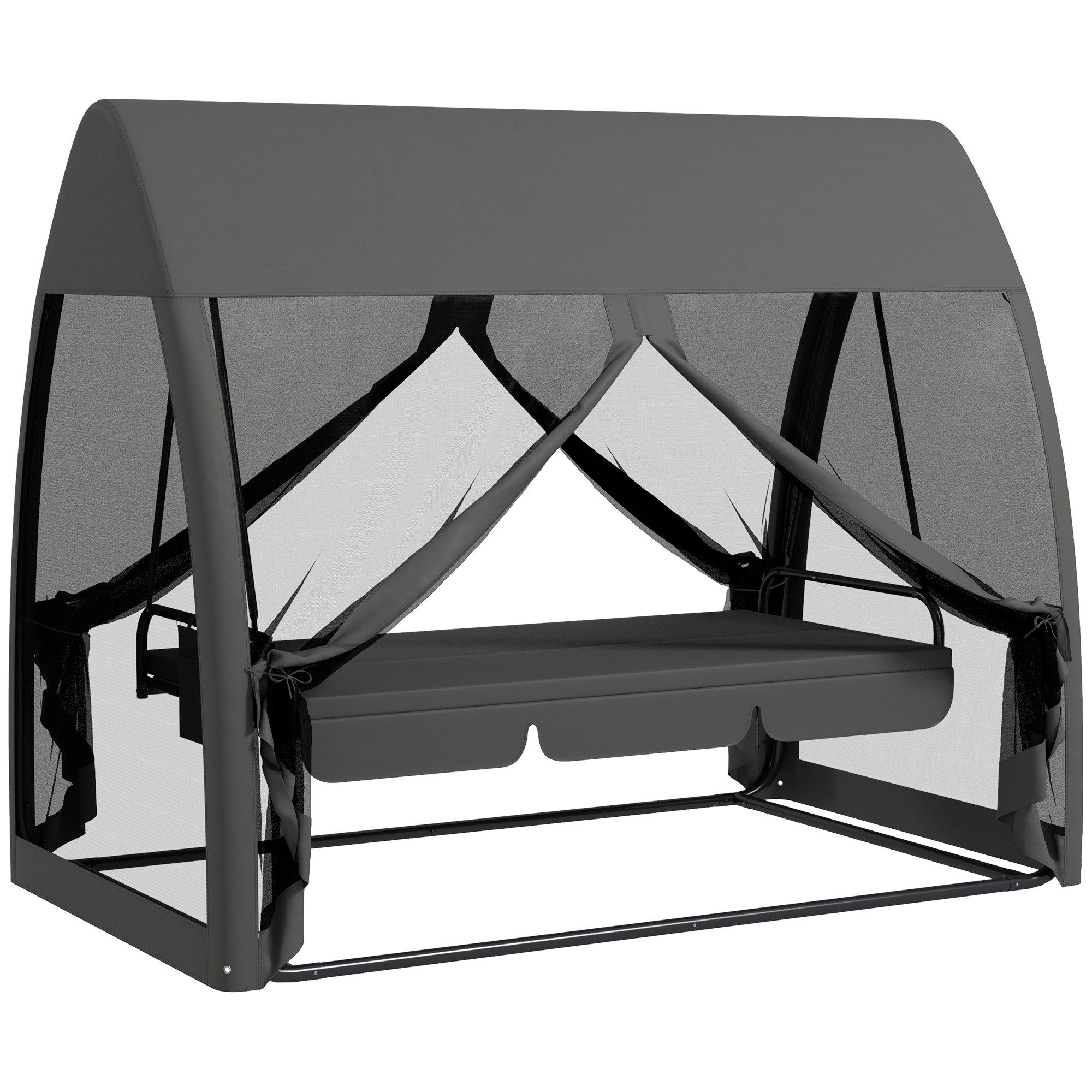 Outsunny Hollywoodschaukel 2 in 1, mit Liegefunktion, Baldachin, Mückennetz, belast bis 300kg, 3-Sitzer, Bettfunktion, 3-Sitzer Gartenschaukel, 1 tlg., Schaukelbank, für Garten, Terrasse, 240 x 140 x 197 cm, Grau