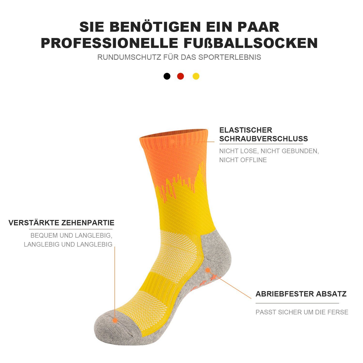 Gewindebündchen Kniestrümpfe MAGICSHE Erwachsene Gelborange Handtuchboden mit für sportlichen Verdickter Schutz für Fußballsocken der Füße
