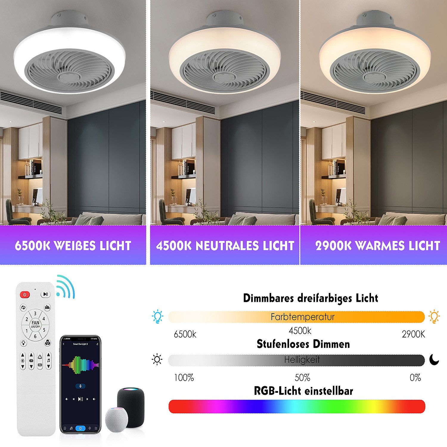 oyajia Deckenleuchte 50W RGB LED Deckenleuchte mit Bluetooth Lautsprecher, Deckenventilator, Luftzirkulationsfunktion, LED fest integriert, RGB Farbwechsel (3000~6500K), Dimmbar LED Deckenventilator Leuchte,für Schlafzimmer Küche Hotel