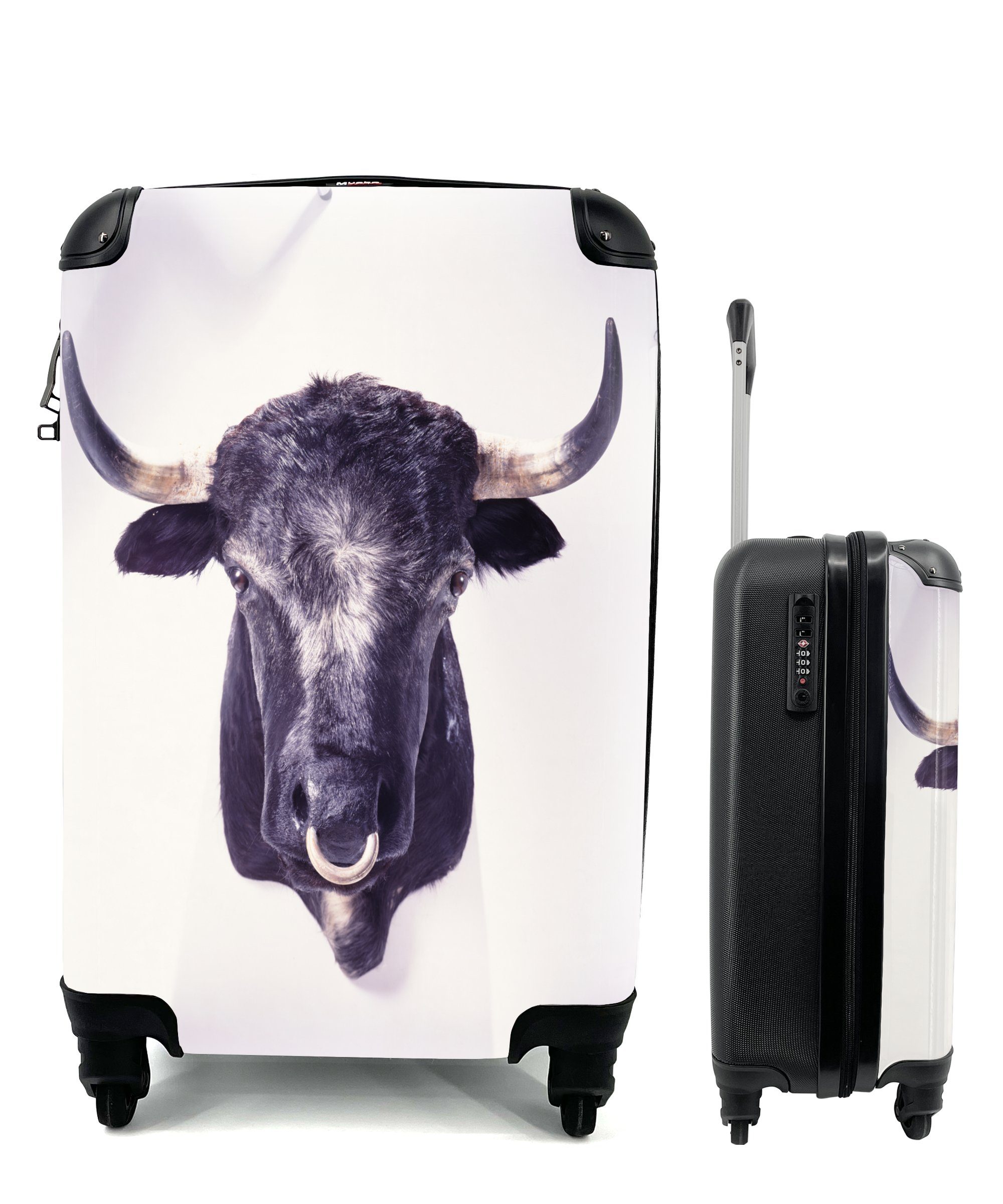 MuchoWow Handgepäckkoffer Ein Stier mit einem Ring vor weißem Hintergrund, 4 Rollen, Reisetasche mit rollen, Handgepäck für Ferien, Trolley, Reisekoffer