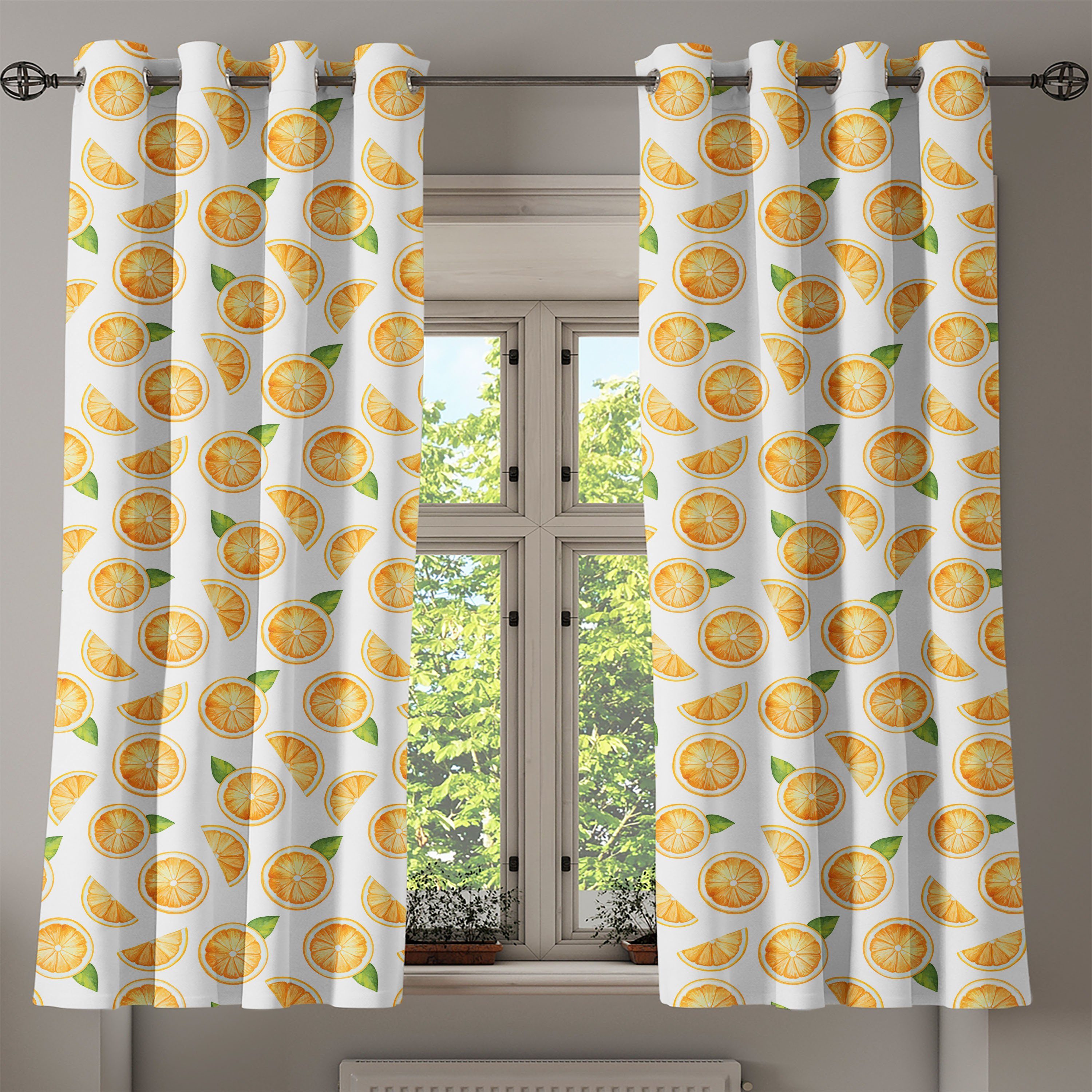 Dekorative Abakuhaus, Gardine für Aquarell Orange Wohnzimmer, 2-Panel-Fenstervorhänge Schlafzimmer Fruchtscheiben