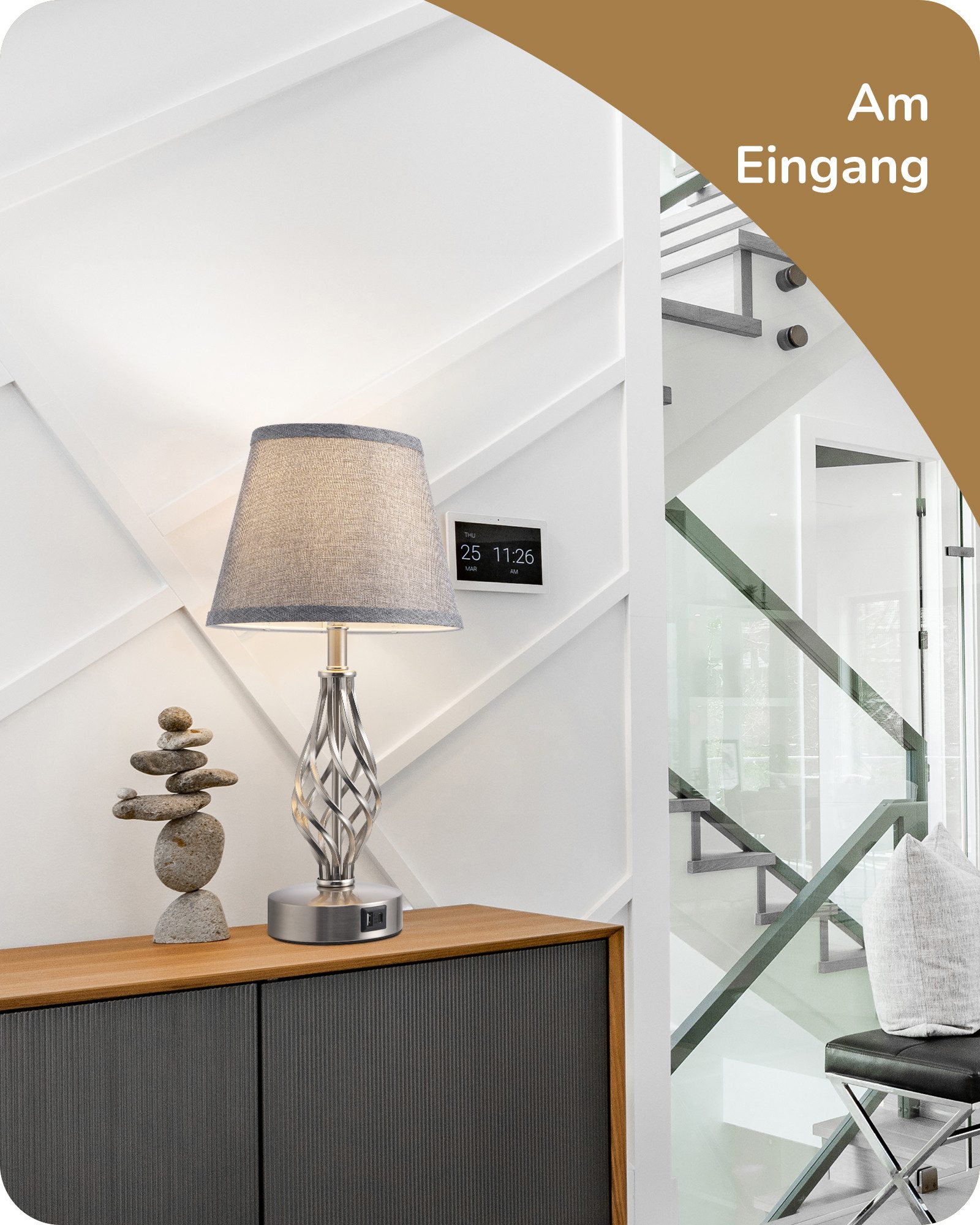 EDISHINE LED Nachttischlampe Touch Dimmbar 2er Set, LED wechselbar, Tischlampe mit Ladefunktion, 2 USB Anschlüsse
