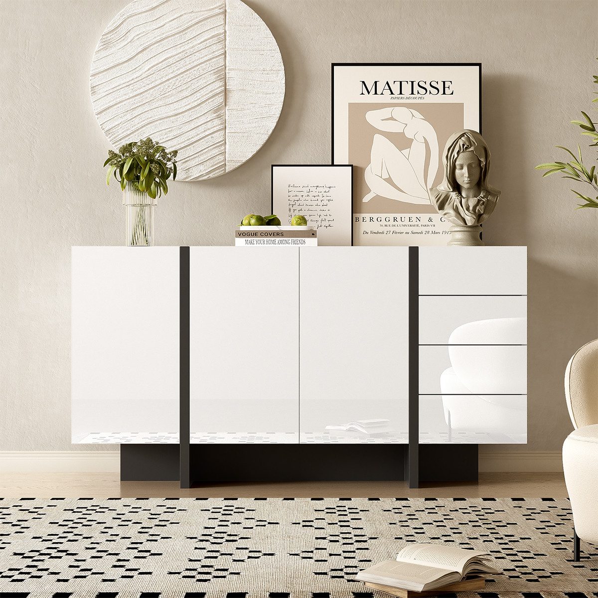 Kommode Sideboard mit 2 Türen und 4 Schubladen Moderner Hochglanz