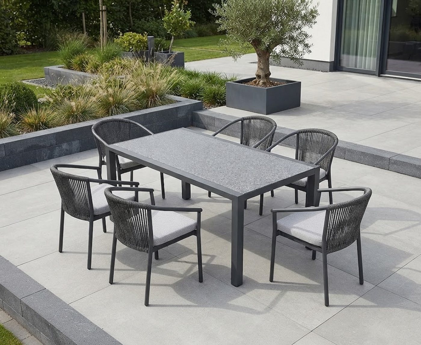 SonnenPartner Garten-Essgruppe Gartenmöbel-Set Finesse / Rondo 6 x Stapelstuhl + 1 mal Tisch, (Spar-Set, 7-tlg., 1 Tisch, 6 Stühle, 6 Auflagen), wetterfest / stapelbar