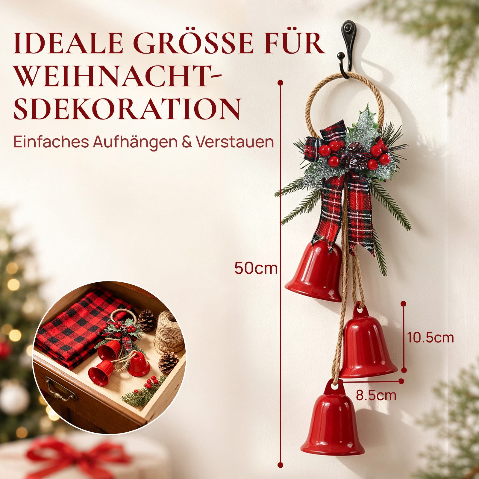 Quntis Dekohänger Weihnachtsglöckchen zum Aufhängen Rot Windspiele aus Eisen, deko (1 St), für Kamin, Treppe Geländer, Türkränze, Tür und Garten Dekoration – Bild 5 von 5