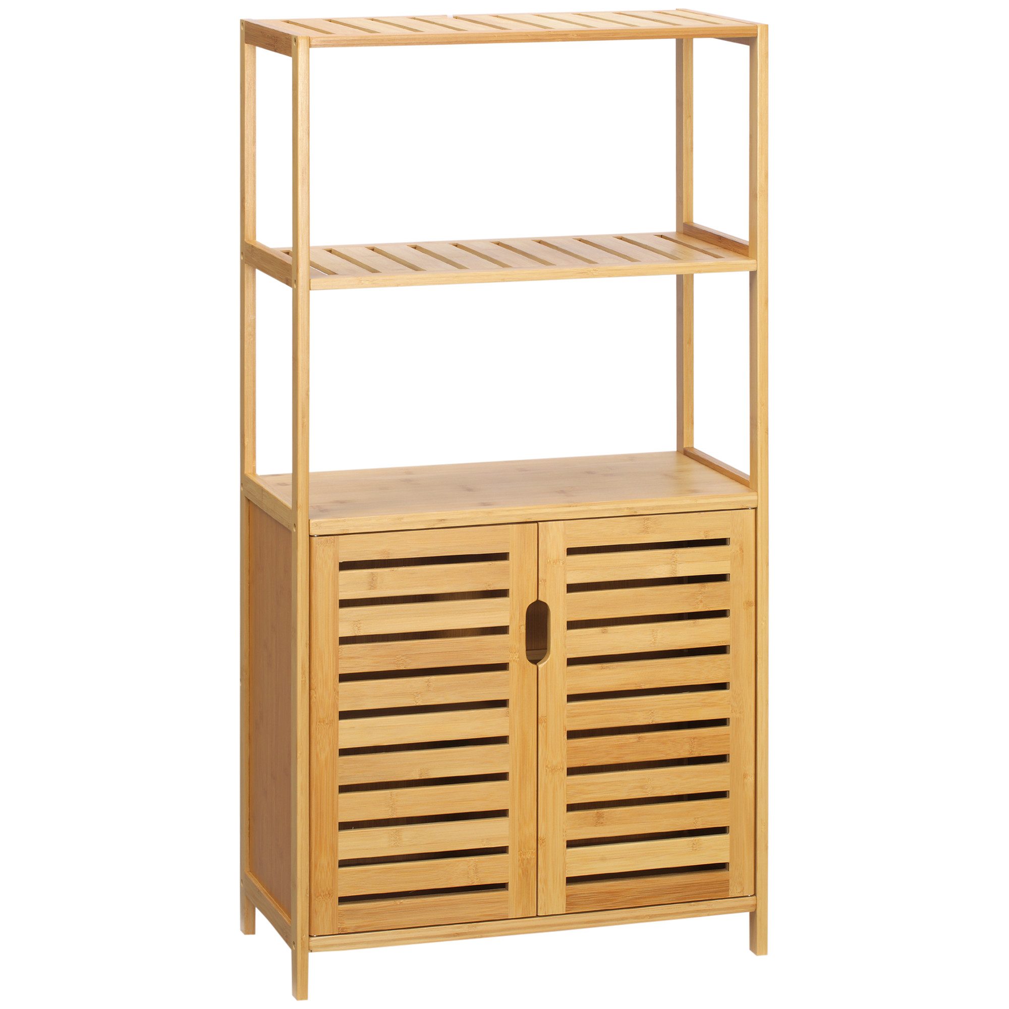 Kleankin Badkommode mit 2 Lamellentüren, 2 offene Fächern & Schrank (Badezimmerschrank aus Bambus, 1 St., Badschrank), für Badezimmer, Wohnzimmer, 60x30x120 cm Natur