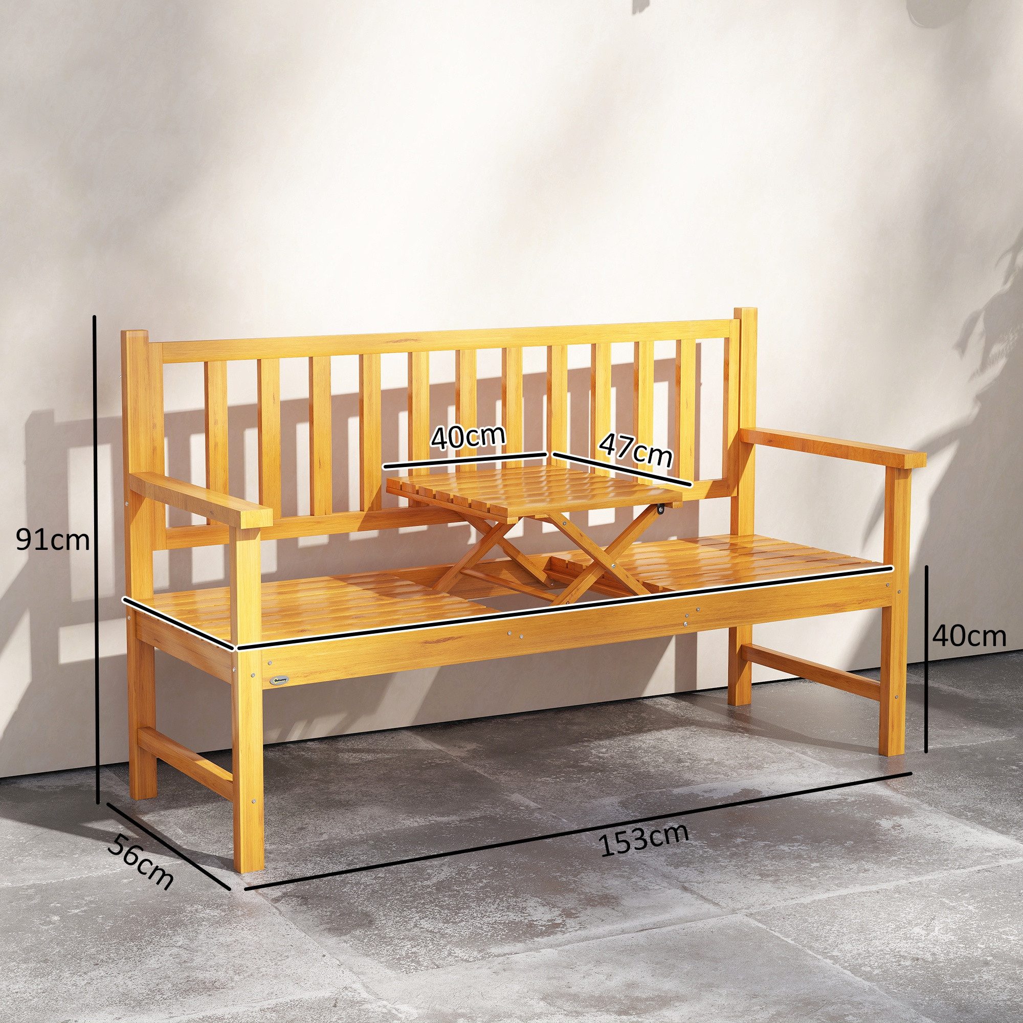 Outsunny Bank 3-Sitzer Sitzbank mit Tisch, Parkbank mit Armlehne (Holzbank, 1-St., Gartenbank), für Balkon, Terrasse, Hellbraun, 153 x 56 x 91 cm