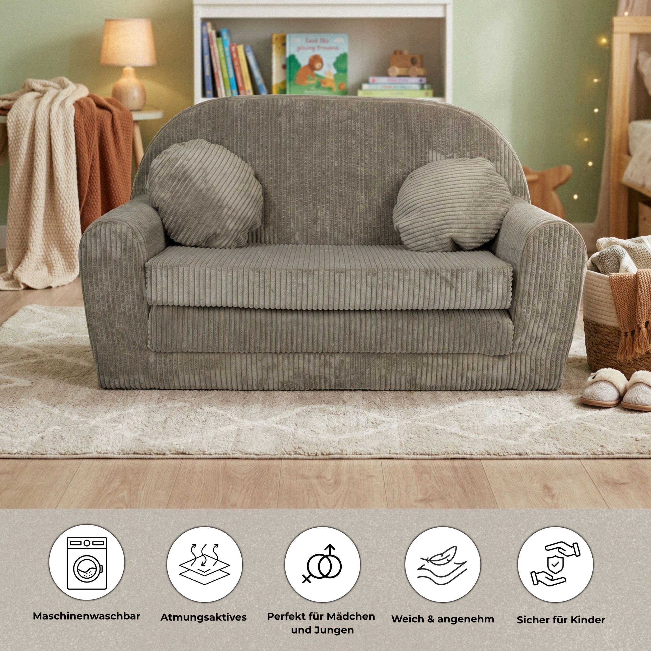 FORTISLINE Kindersofa Kindersofa Rosalia Ausklappbares Sofa aus Cord mit Verlängerung – Bild 4 von 5