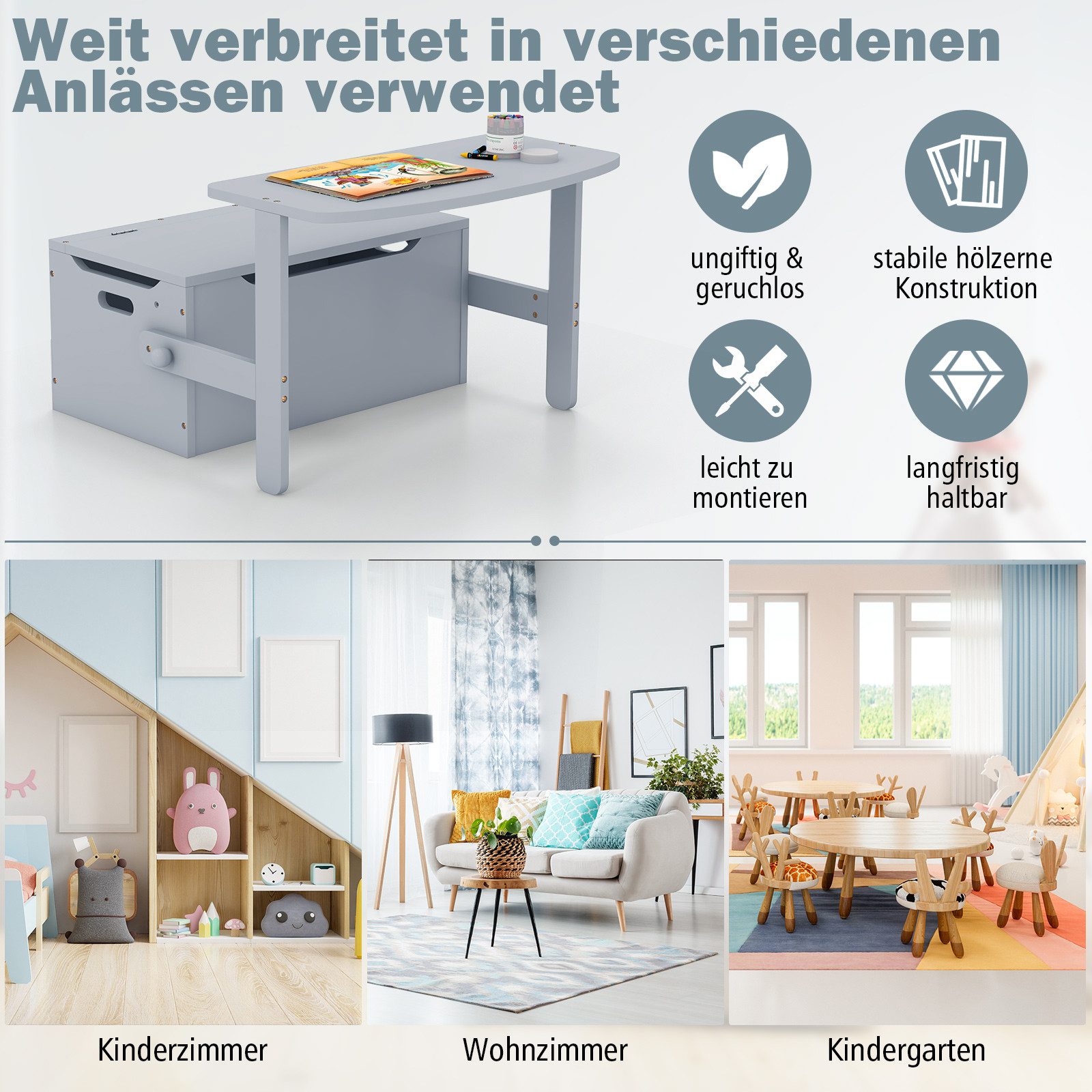 COSTWAY Kinderschreibtisch, mit Stuhl Set, Sitzbank mit Stauraum, 60x34x57c günstig online kaufen
