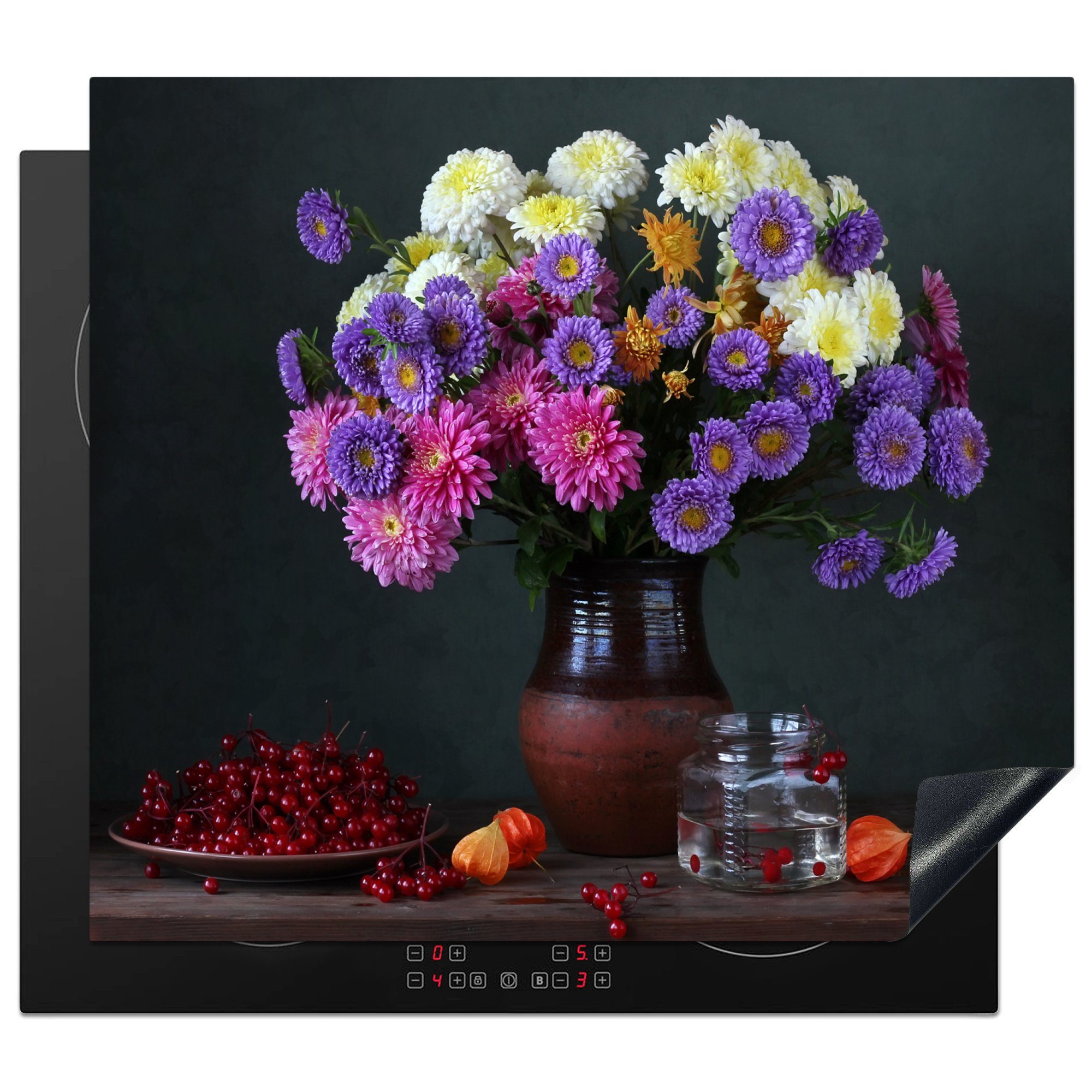 MuchoWow Herdblende-/Abdeckplatte Chrysanthemen - Farben - Stilleben, Vinyl, (1 tlg), 59x52 cm, Ceranfeldabdeckung für die küche, Induktionsmatte