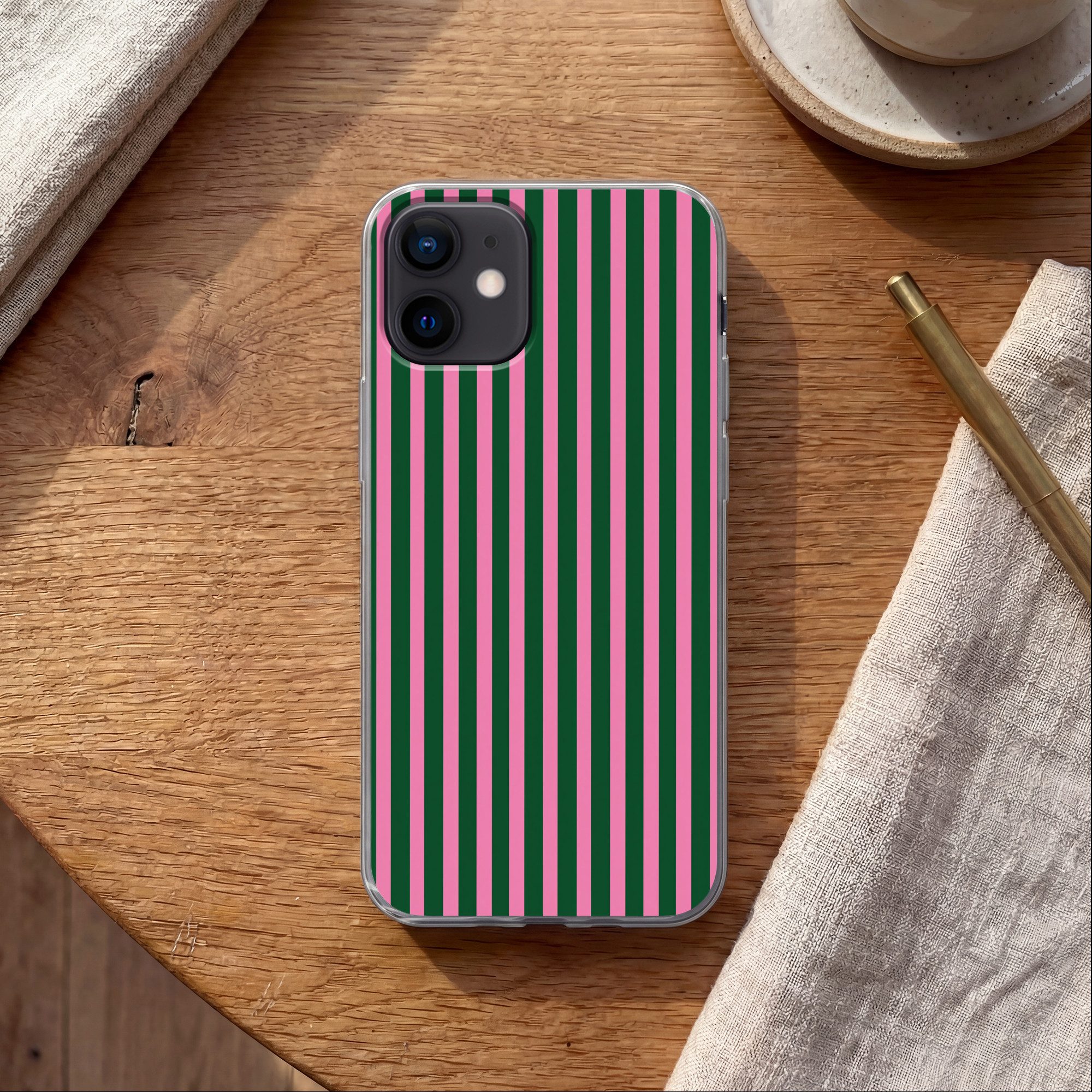 MuchoWow Handyhülle für Apple iPhone 12 Vertikale Streifen - Grün - Rosa, Smartphone-Bumper, Print, Handy Schutzhülle Dünn