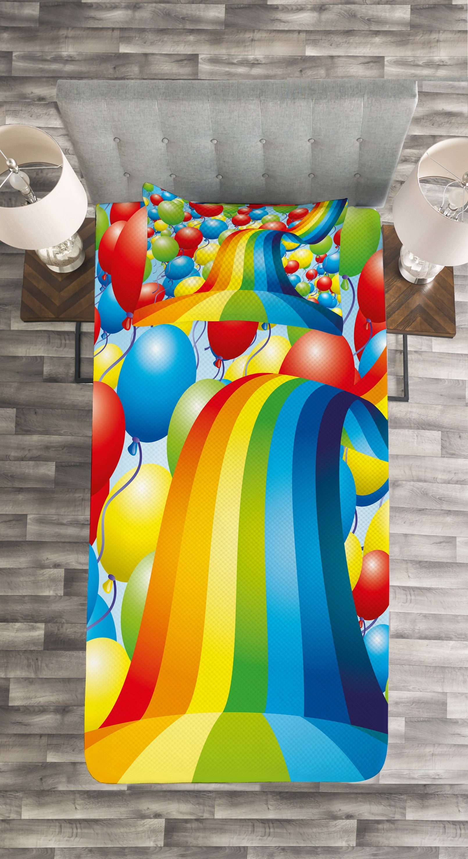 Tagesdecke Waschbar, Set mit Abakuhaus, Wellig Regenbogen Kissenbezügen Bänder Luftballons