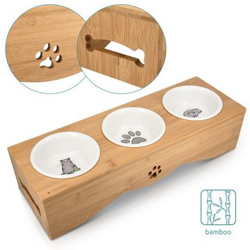 Navaris Tier-Beschäftigungsspielzeug Keramik Futter-/Trinknapf Set, erhöhter 3er Napf Ständer, Bambus/Keramik
