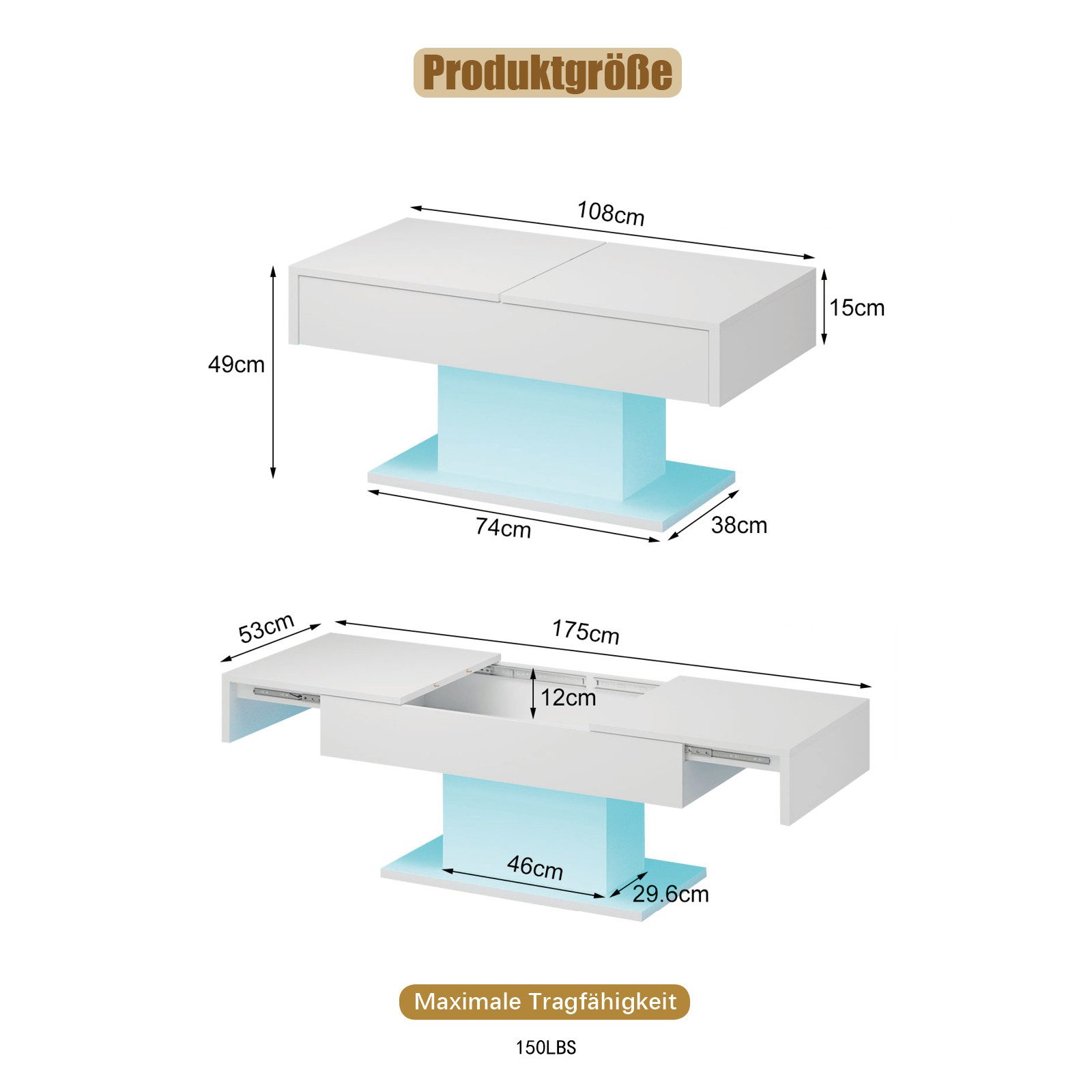 radelldar Couchtisch Hochglanz ausziehbar, 108-175x53x49cm (1-St), Wohnzimmertisch mit Stauraum für Sofa, LED-Beleuchtung